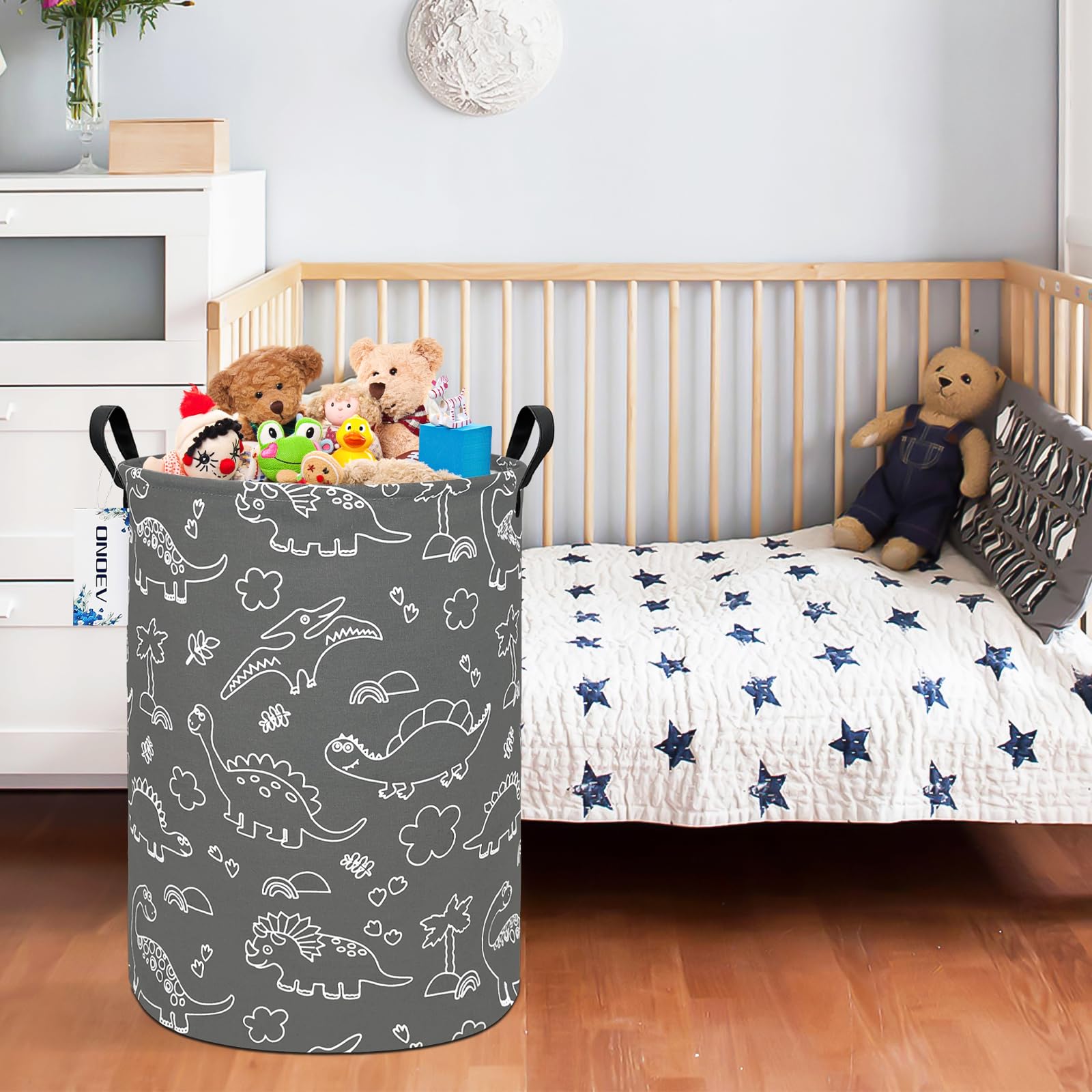 ONOEV - Cestas redondas impermeables de dinosaurios para ropa sucia, cesta de regalo, organizador de juguetes para niños, bolsa de decoración de habitación (dinosaurio de línea gris)