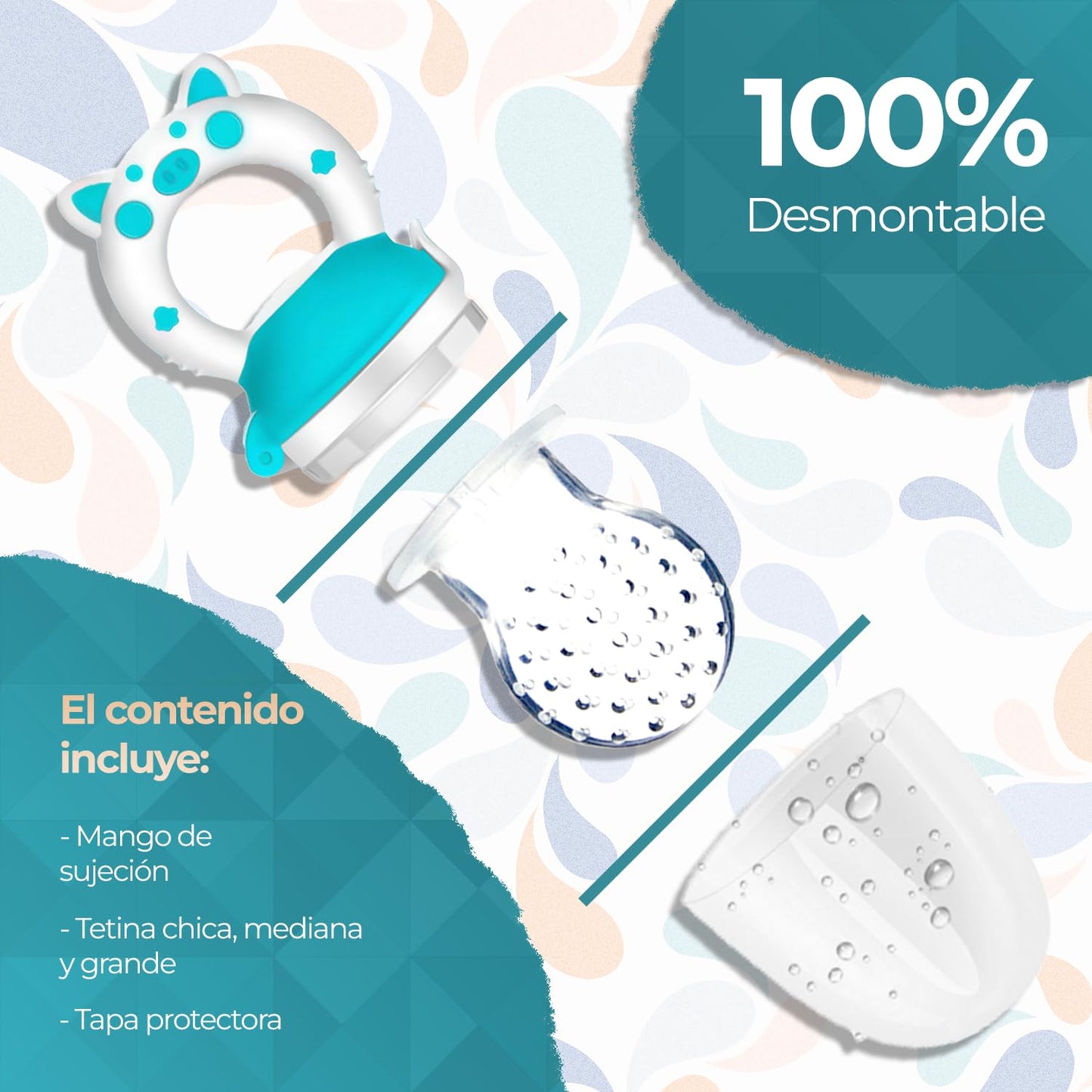 Chupón Para Fruta Y Papilla con Seguro Y Tapa Dibujos Animados, Libre de BPA (AZUL/BLANCO)