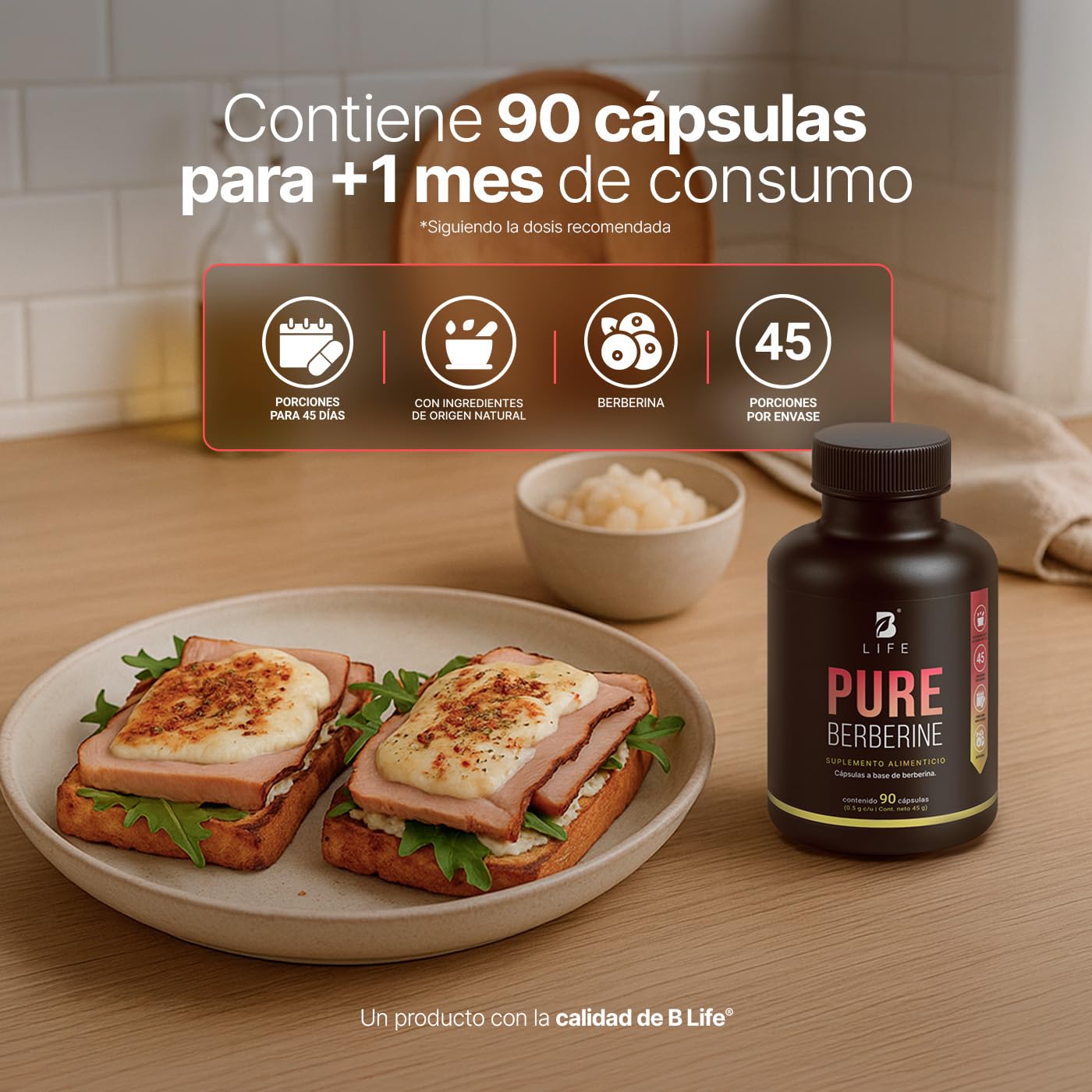B Life Berberina HCL Pura | 90 Cápsulas | 1000 mg por porción | Ingredientes Naturales | Pure Berberine.