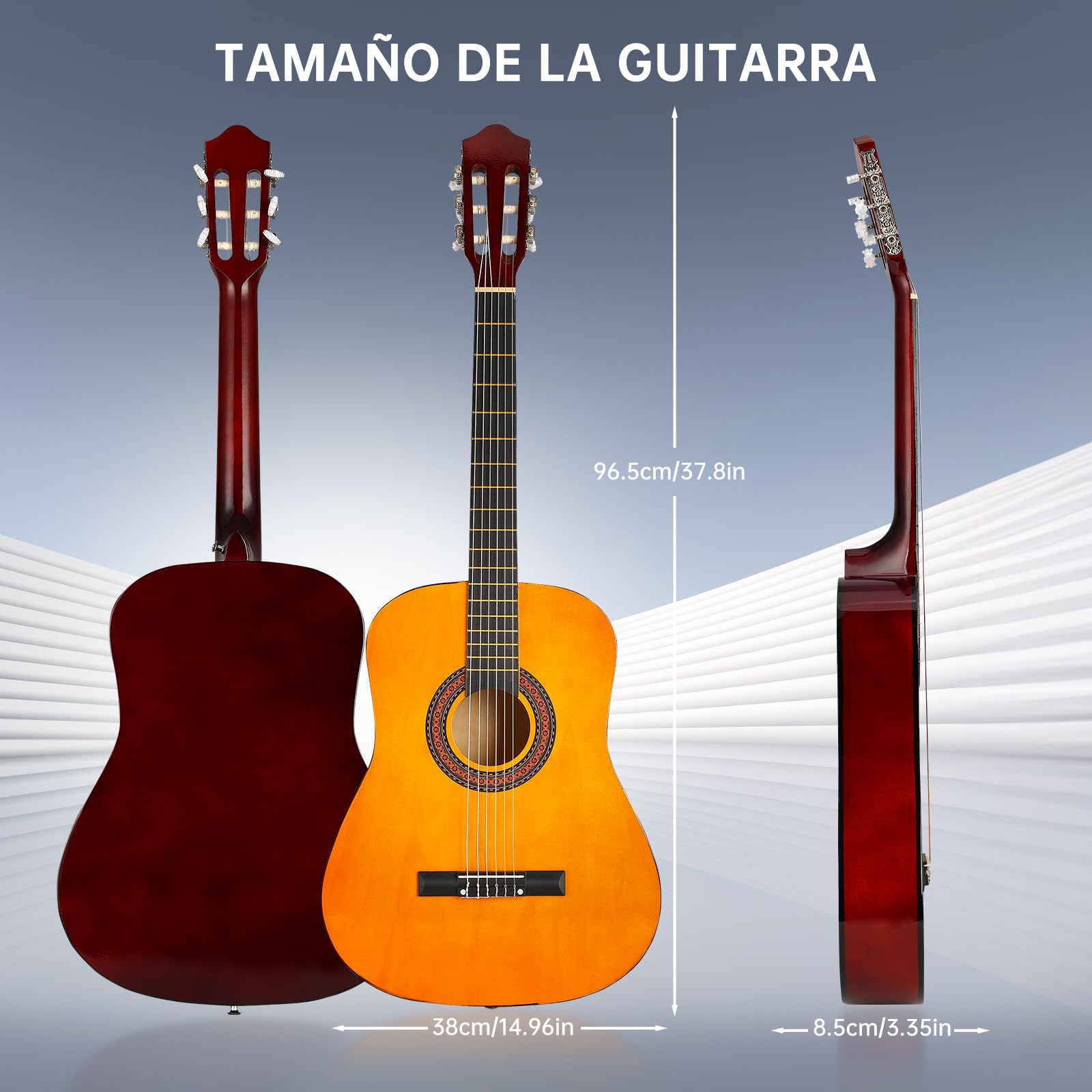Guitarra Clasica 38 Pulgadas, Guitarra Acústica Bamboo, con Funda, Kit de Accesorios Incluido, para principiantes, Naranja