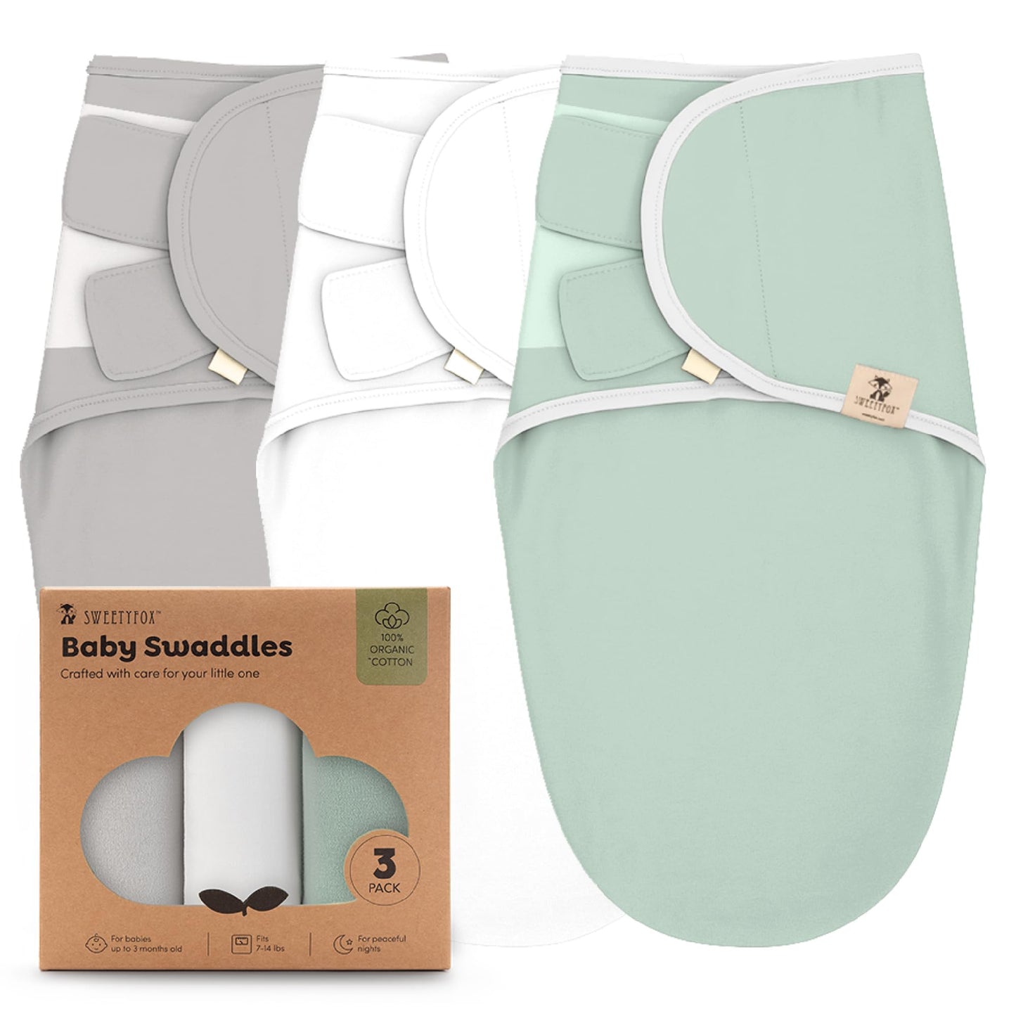 Sweety Fox - Saco de dormir para bebé de 0 a 3 meses GOTS Swaddles para recién nacidos, paquete de 3 unidades, musgo, manta para envolver
