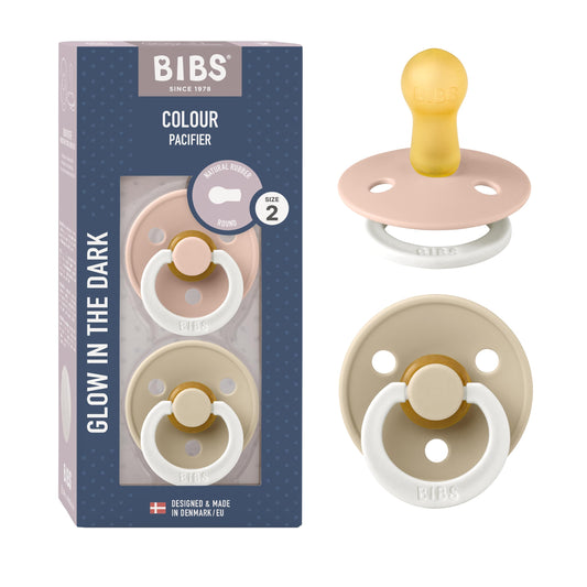 BIBS Chupones Colour Pack de 2, Brillan en la oscuridad, Tetina redonda de látex natural, Talle 2, Color Blush GLOW/Vanilla GLOW, 6 a 18 meses, Hecho en Dinamarca