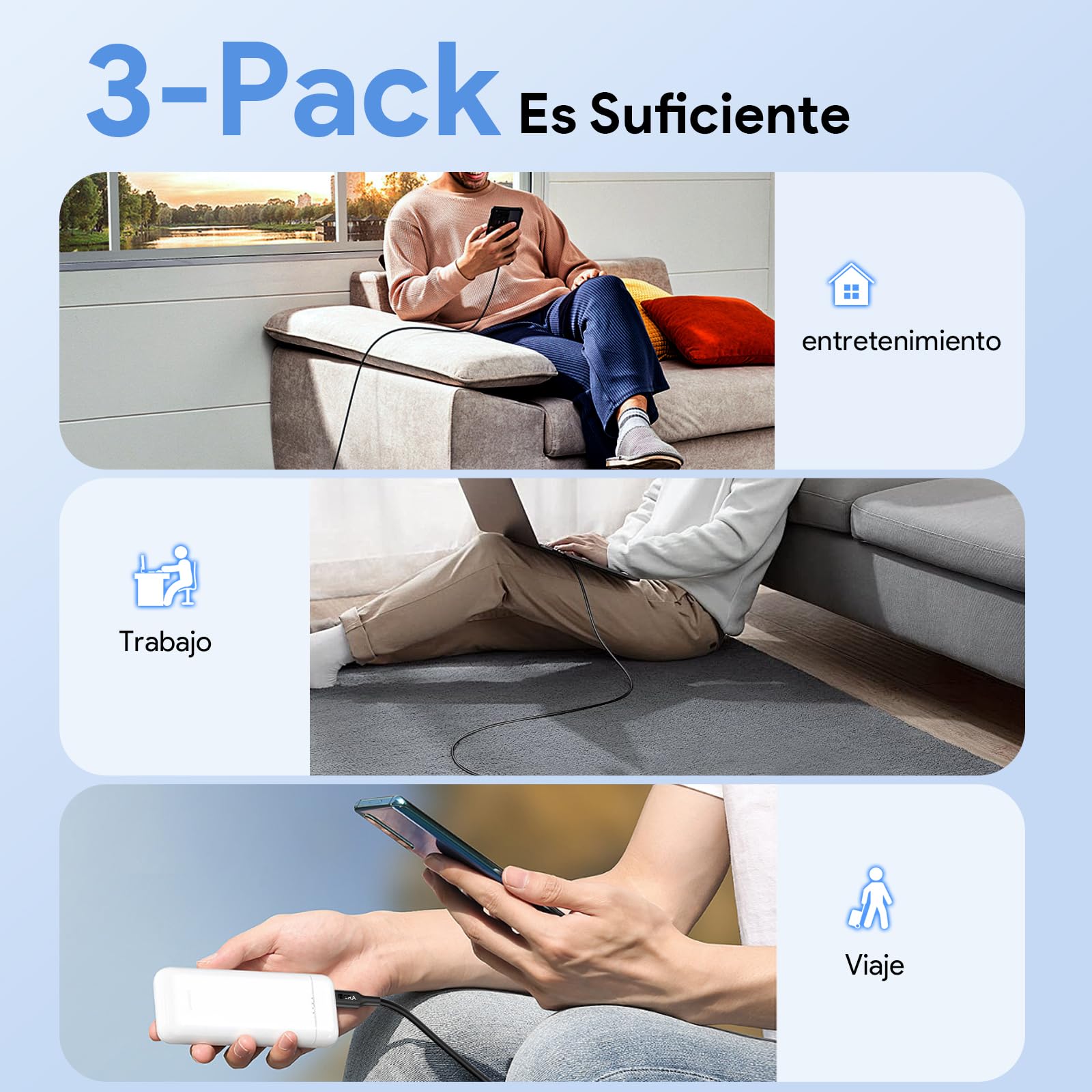 Cable USB C a USB A 1 Hora 3 Paquete 60W 3A Nylon Rojo Carga Rápida 1M para iP16 Galaxy Xiaomi Switch