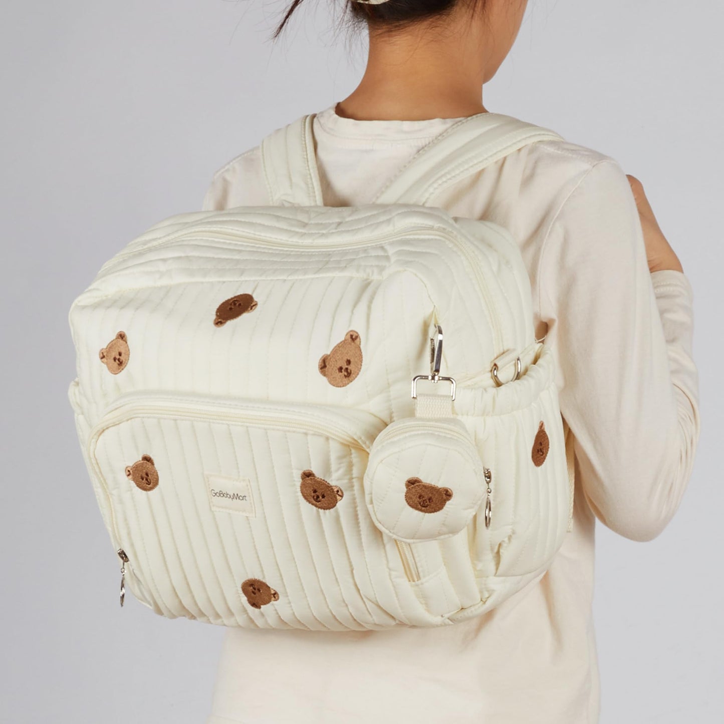 GOBABYMART - Mochila para pañales con cambiador, bolsa de viaje para bebé, bolsillos aislados para botellas, correas para carriola (medianas, ositos beige)