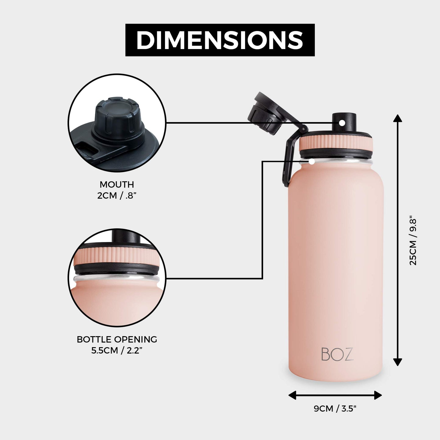 BOZ Botella de agua de acero inoxidable, termo de acero inoxidable 1 litro XL (1 L / 34 oz) boca ancha, sin BPA, aislamiento de doble pared al vacío (Rosa Blush)