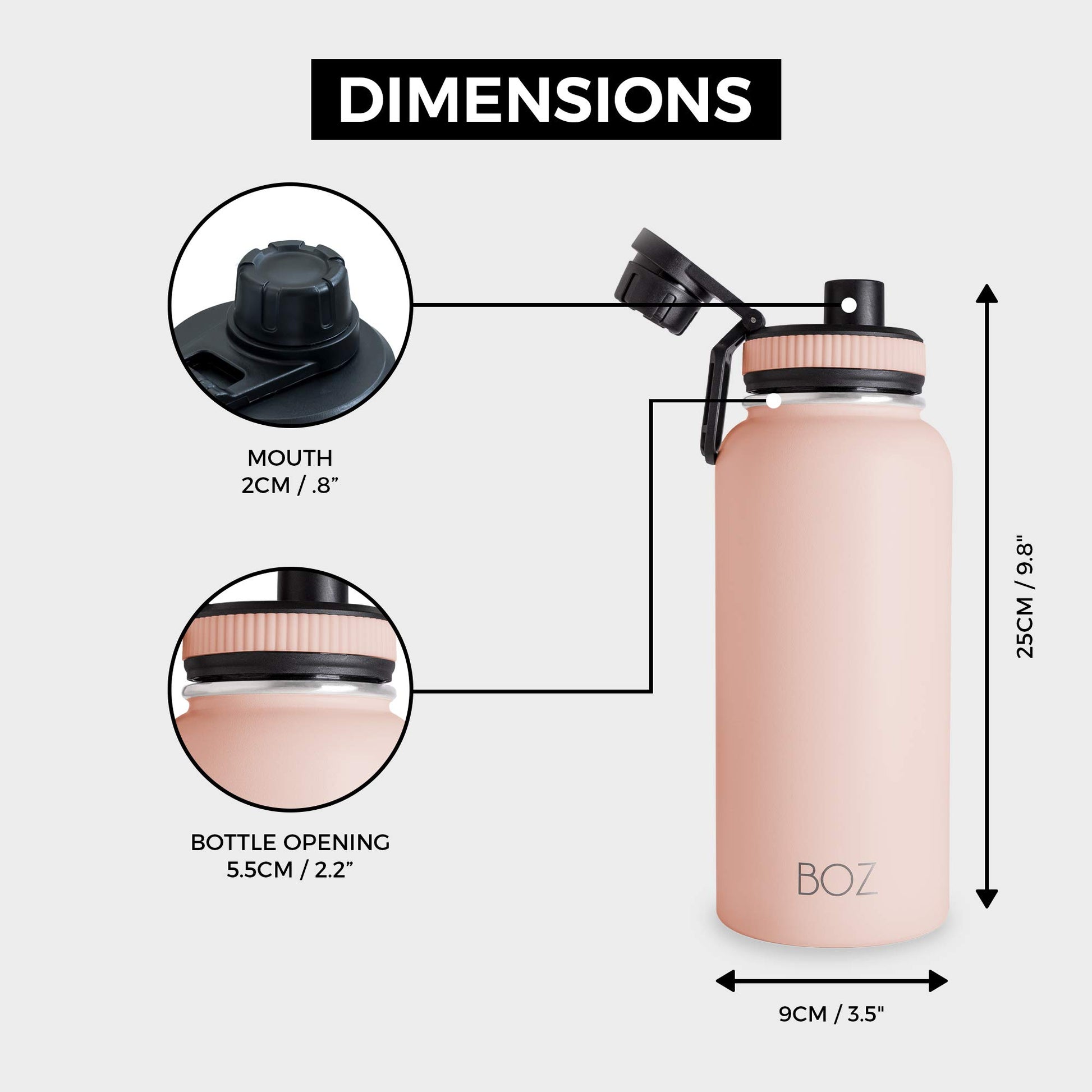 BOZ Botella de agua de acero inoxidable, termo de acero inoxidable 1 litro XL (1 L / 34 oz) boca ancha, sin BPA, aislamiento de doble pared al vacío (Rosa Blush)