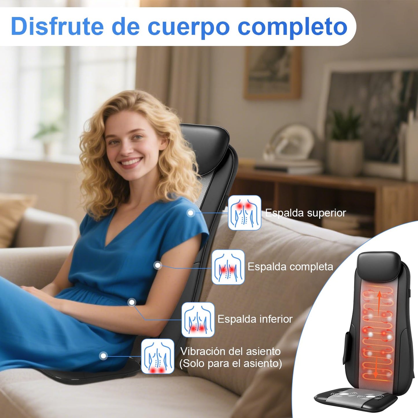 Shiatsu Cojín Muja Masajeador de Espalda y Cuello con Calor, Tapete Masajeador Cuerpo Completo con Ajuste de Altura, Masaje de Amasamiento, Acupresión o Rodamiento, Elimina la Fatiga y Alivia el Dolor