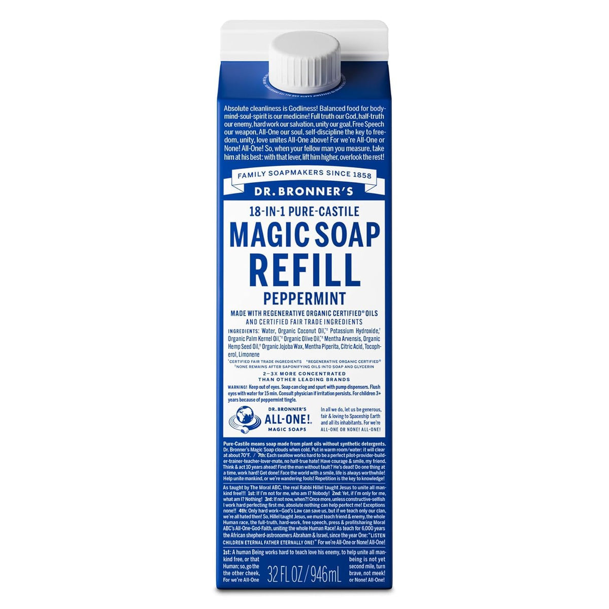 Dr. Bronner's Menta | Recambio de Jabón de Castilla Puro, Refill de Cartón (946 ml)