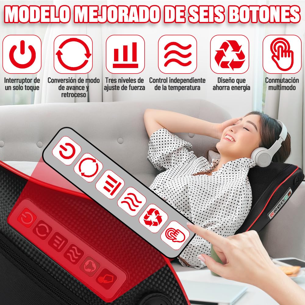 Meanton Almohada de Masaje Eléctrica, Masajeador de Cuello con Calor, Masajeador de Espalda Shiatsu de Amasado 3D, Espalda y Cuello
