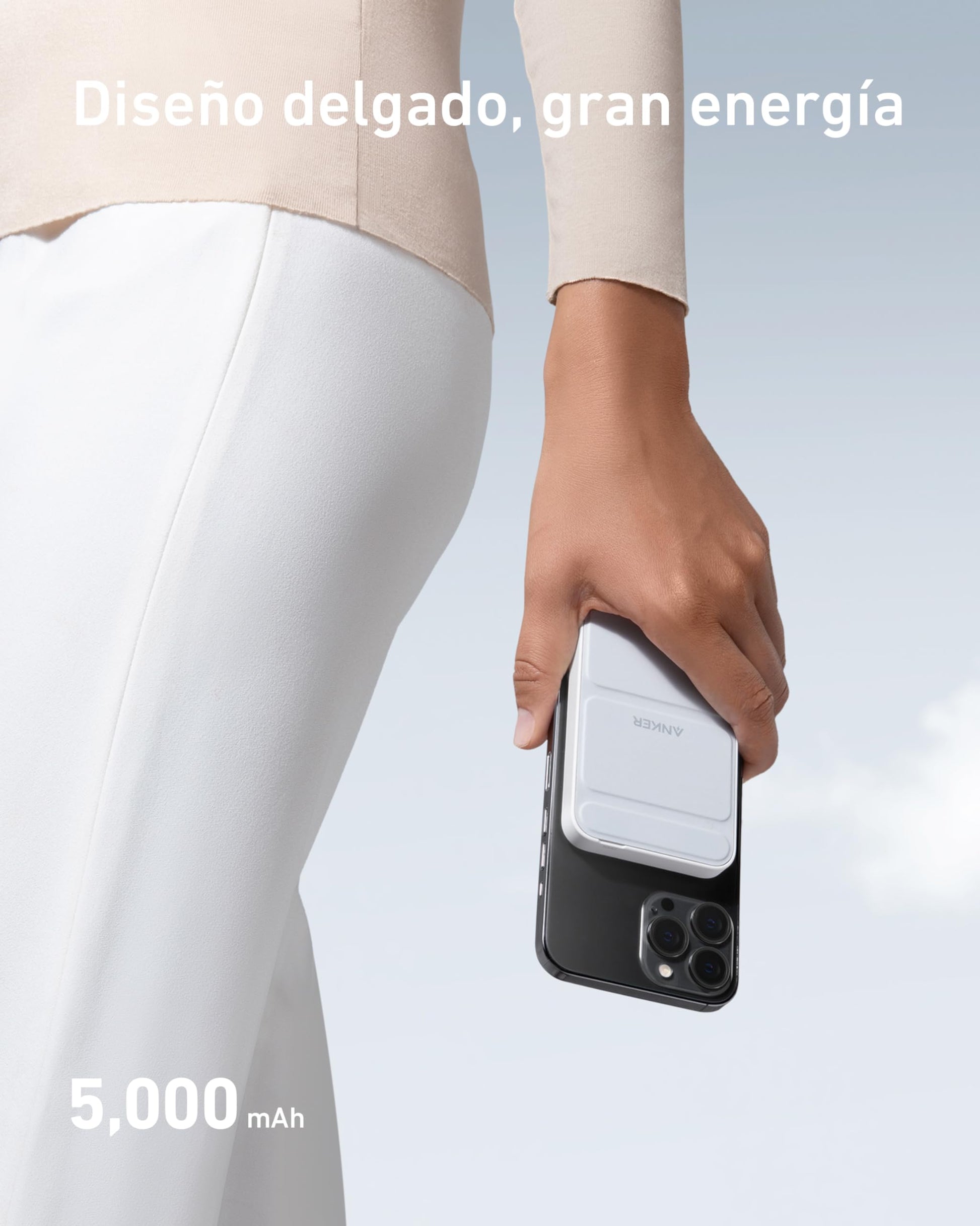 Batería Magnética Anker Blanca con Soporte y Cargador Inalámbrico para iPhone 15/14/13