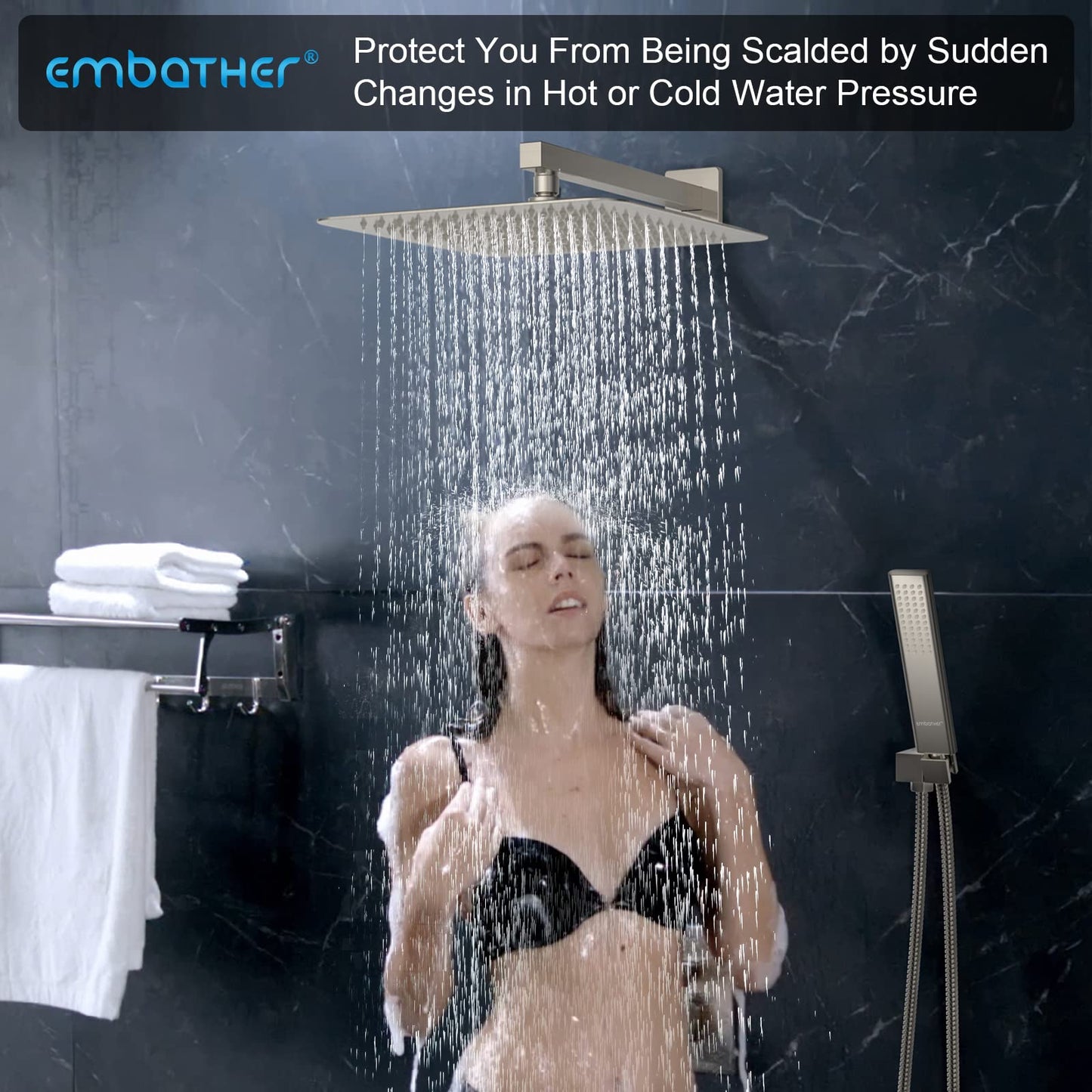 Sistema de Ducha EMBATHER Níquel Cepillado con Tecnología de Inyección de Aire de Última Generación 12 Pulgadas para Baño Ecológica
