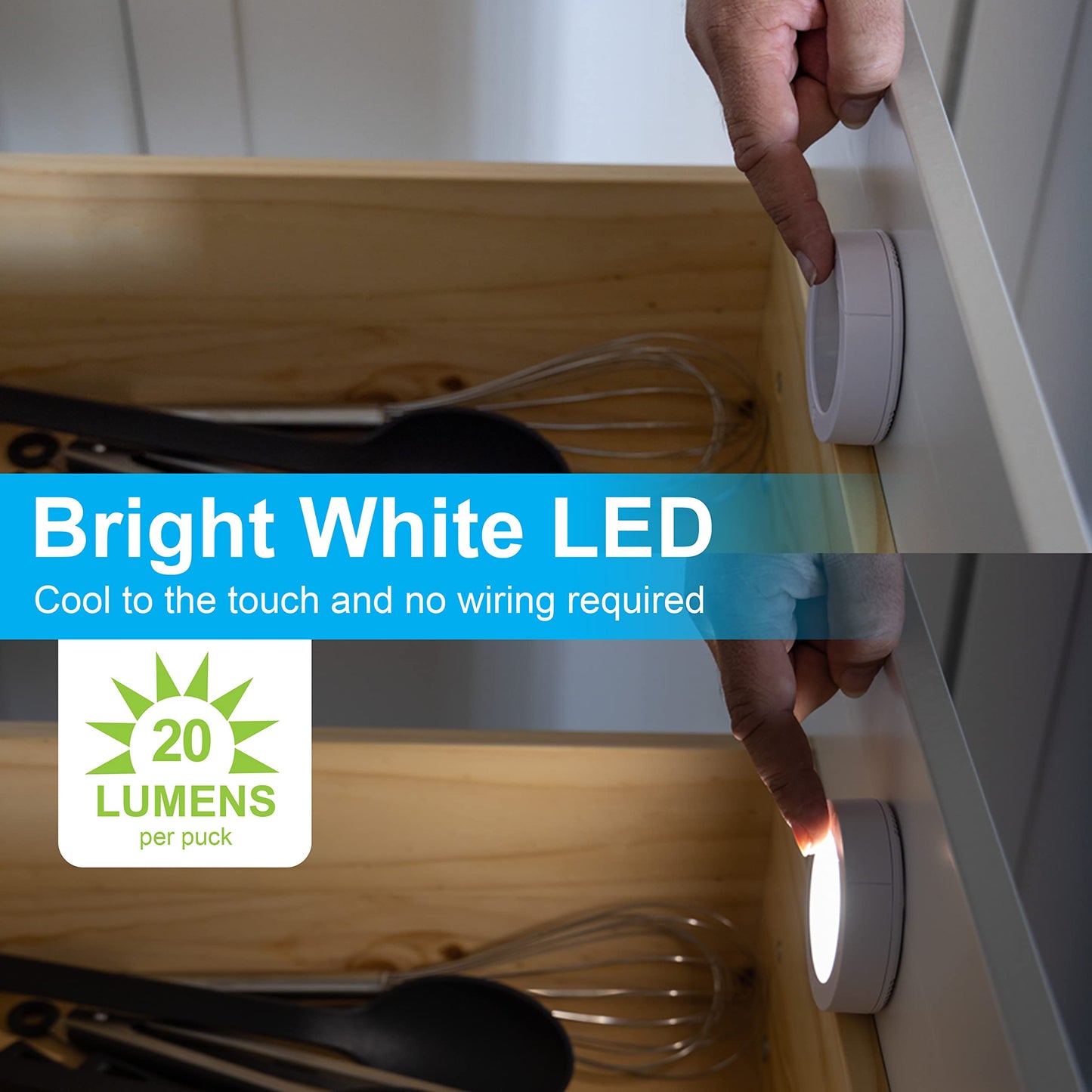 GE, Lampara LED Inalámbrica, Funciona con Pilas, Encendido/Apagado táctil, 20 lúmenes, Blanco Brillante, Ideal para Closets, Gabinetes, Garaje y Mas, Montaje con Cinta o Tornillo, Paquete de 2, 25434