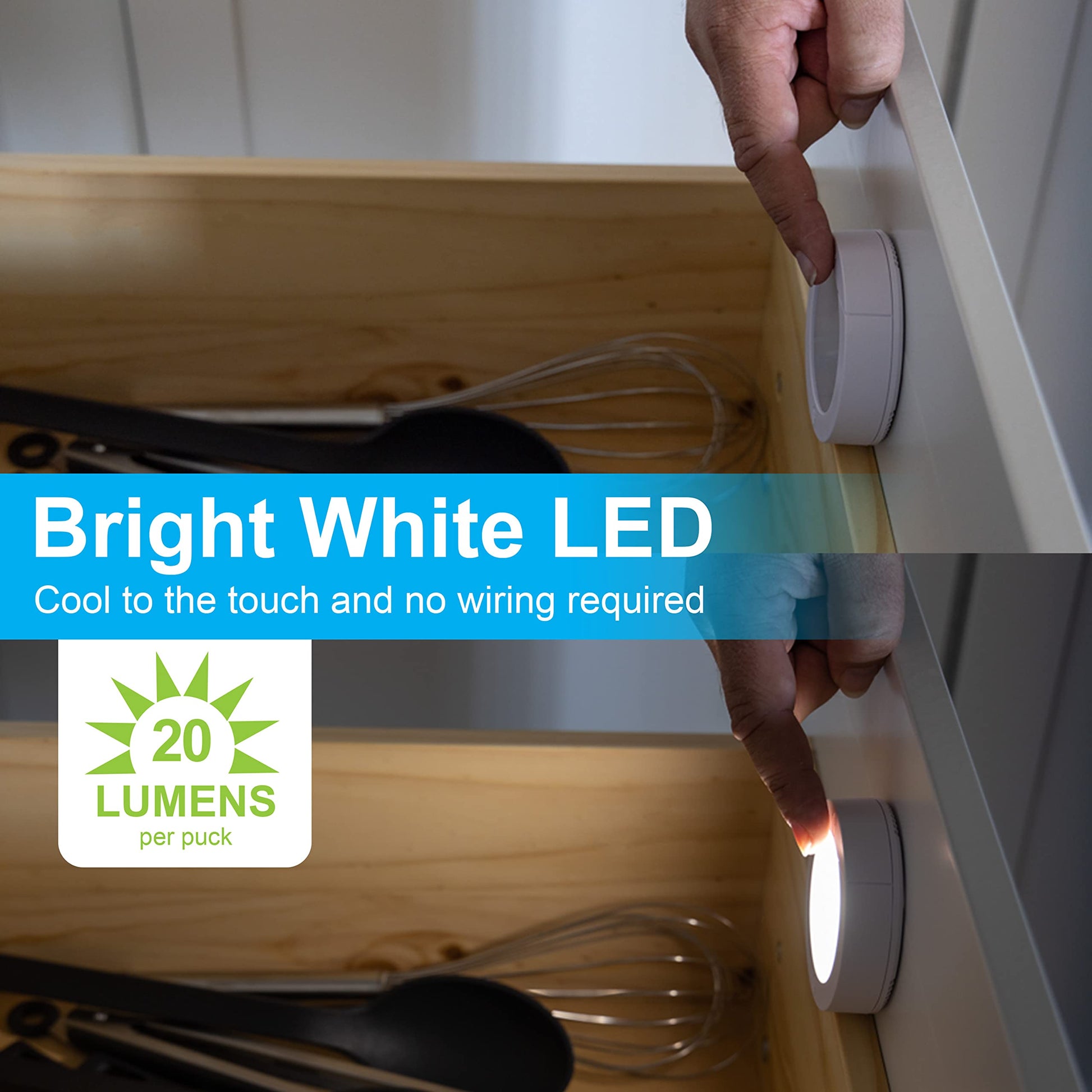 GE, Lampara LED Inalámbrica, Funciona con Pilas, Encendido/Apagado táctil, 20 lúmenes, Blanco Brillante, Ideal para Closets, Gabinetes, Garaje y Mas, Montaje con Cinta o Tornillo, Paquete de 2, 25434