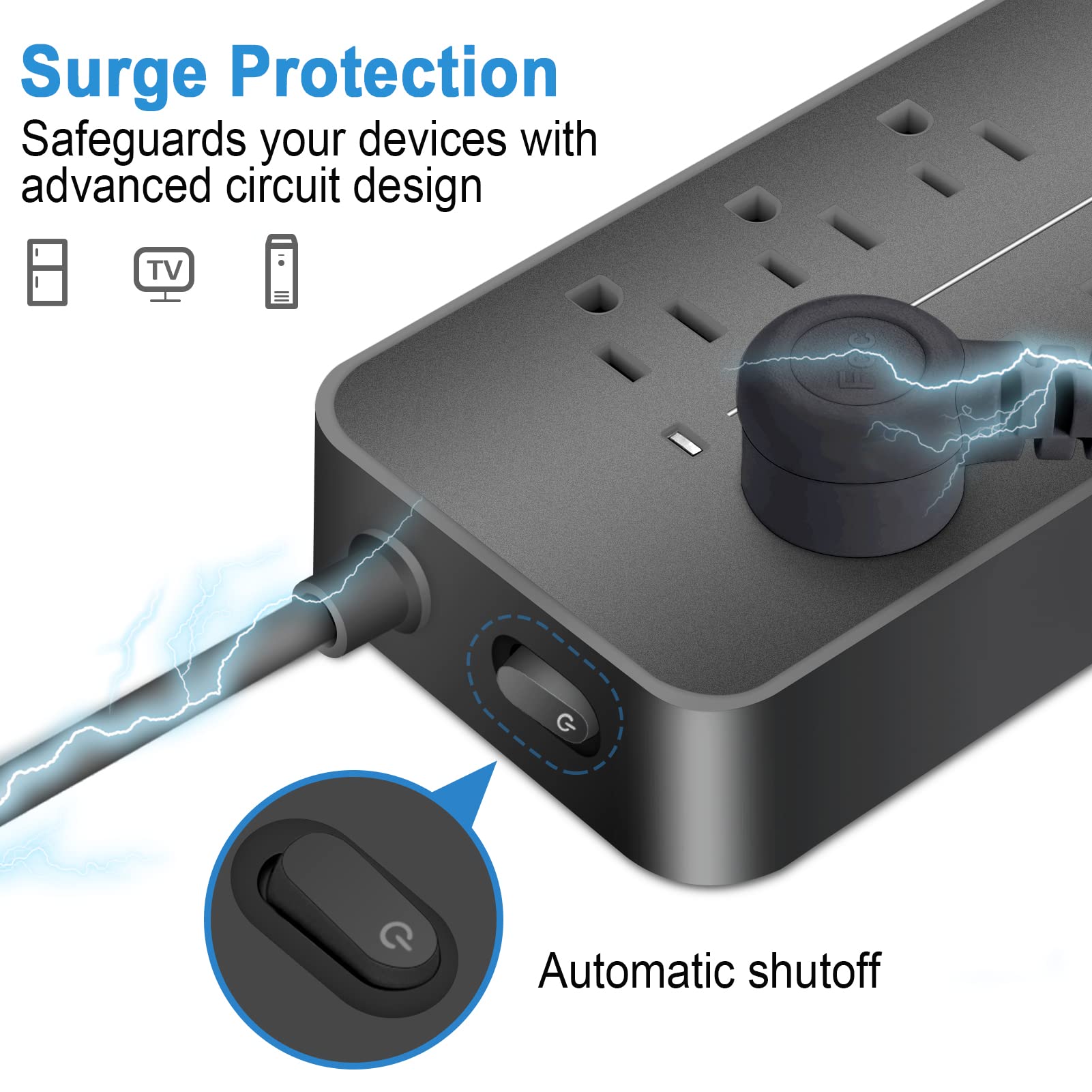 BOPARTE USB Multicontacto, Regleta de 1,2 m, 8 Salidas, 3 Puertos de Carga USB, (5 V / 2 A), 1 Puerto USB-C, Conector múltiple, Regleta para el hogar, Oficina, Dormitorio, Negro