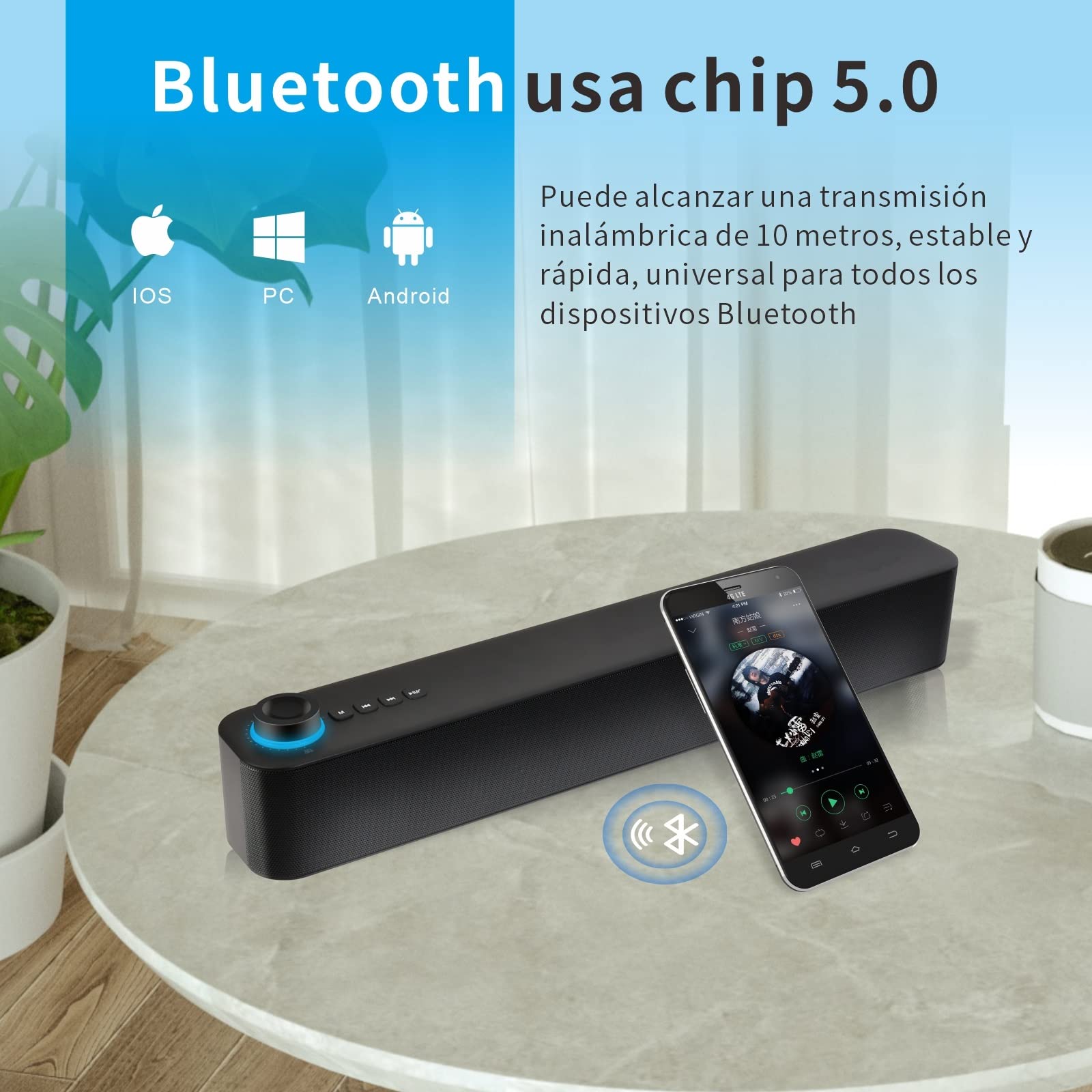 Lirgcuatro Mini Barra de Sonido Estéreo Bluetooth 5.0 Inalámbrico con Subwoofer para TV，Altavoz PC Portátil Llamadas Manos Libres, Altavoces para Cine en Casa, con Audio Micrófono Incorporado(Negro)