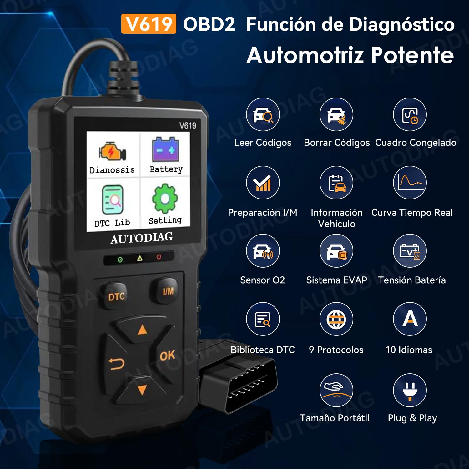 AUTODIAG Escáner OBD2 V619, Escáner automotriz Profesional, Lector de códigos Universal, Diagnóstico de fallas del Motor, Herramienta de diagnóstico para los Coches de protocolo OBD2