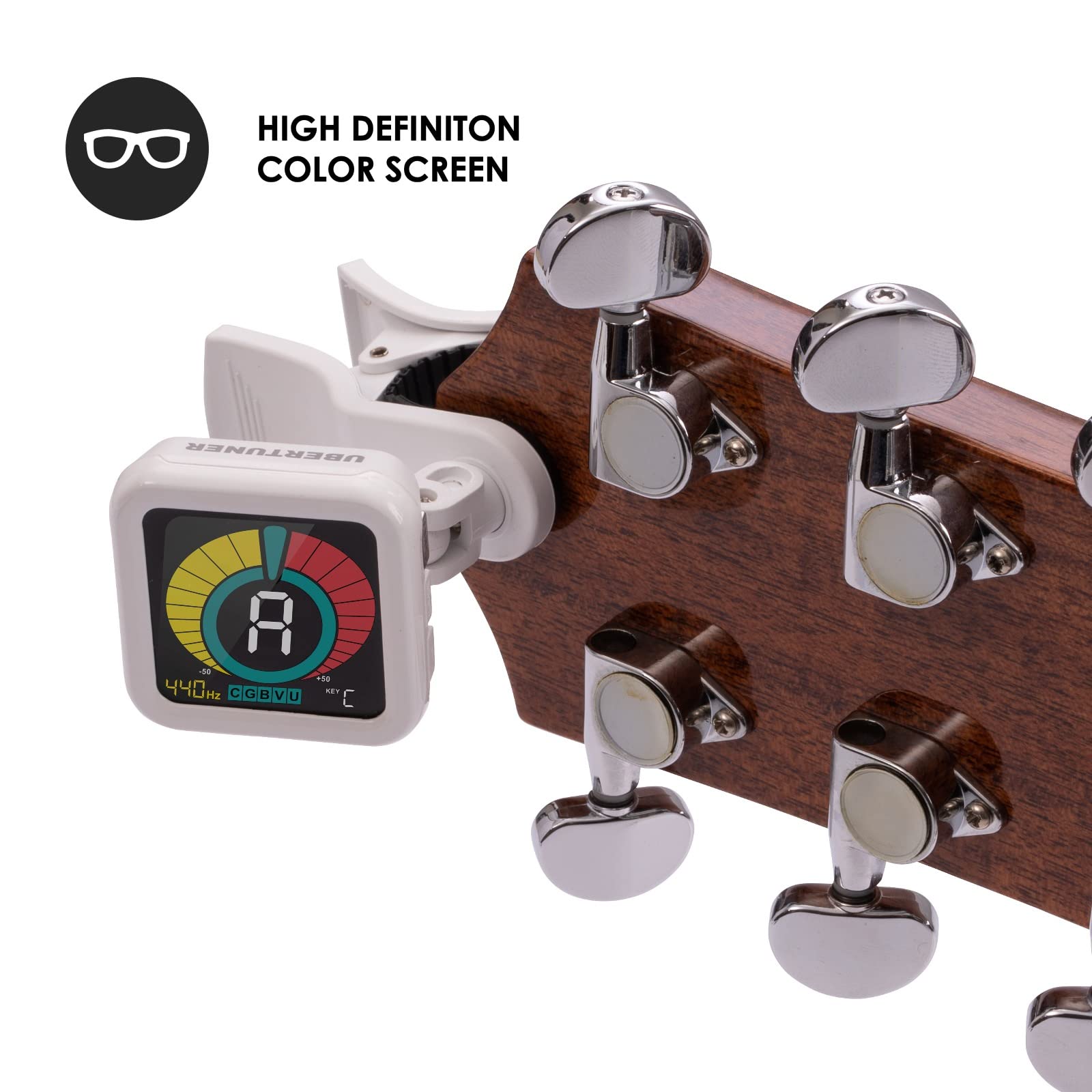 KLIQ UberTuner, sintonizador profesional de clip para guitarra, bajo, ukelele, violín, mandolina, banjo y todos los instrumentos, afinación cromática rápida y precisa con modos multi-tecla, blanco