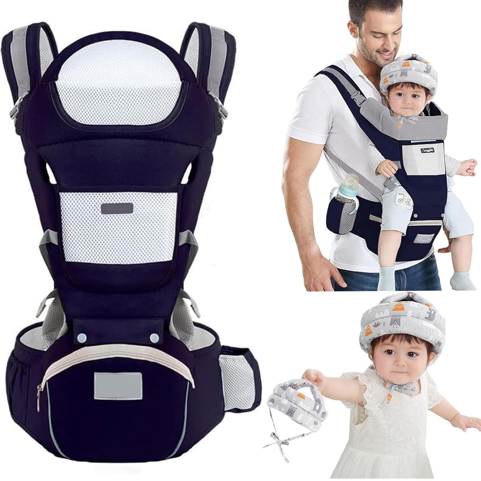 Mochila Portabebé Ergonomica Azul Ligera y Transpirable con Asiento de Cadera para Niños