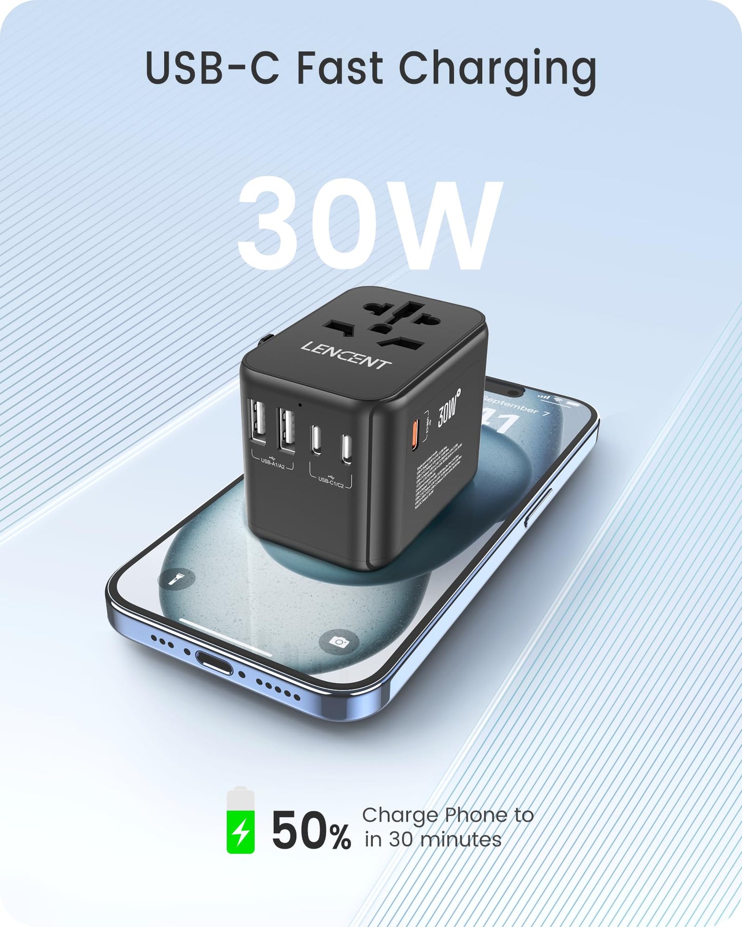 LENCENT Adaptador Universal de Viaje, Cargador Universal con 2 Puertos USB y 3 USB-C Carga Rápida PD 30W, Adaptador Internacional Enchufe Tipo A/C/G/I para USA, Reino Unido, Europa, Australia, Negro