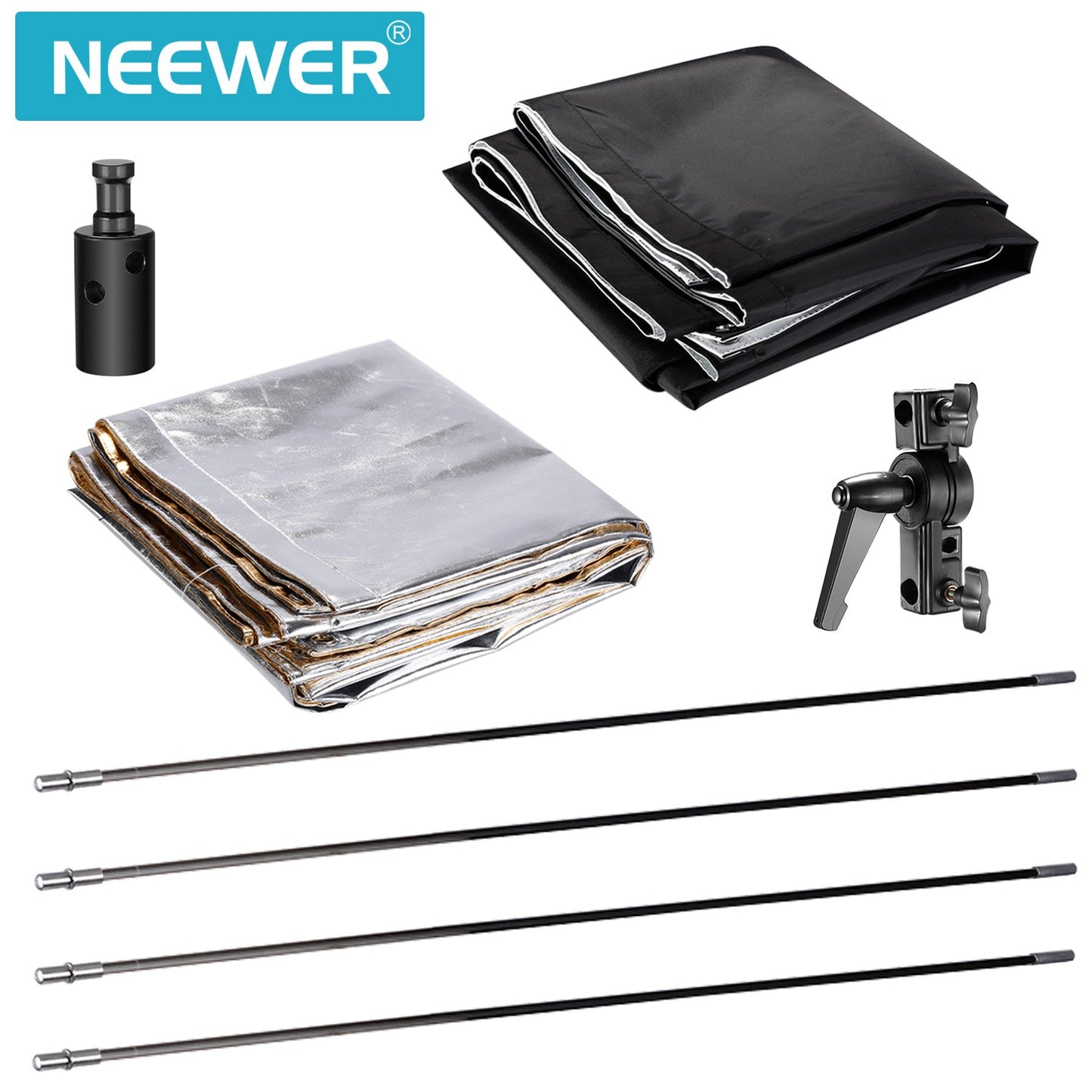 Neewer Reflector de 90x180 Centímetros Foto Estudio Dorado/Plata y Negro/Blanco Panel Plano Ligero con Soporte Bracket de 360 Degrados Giratorio y Funda