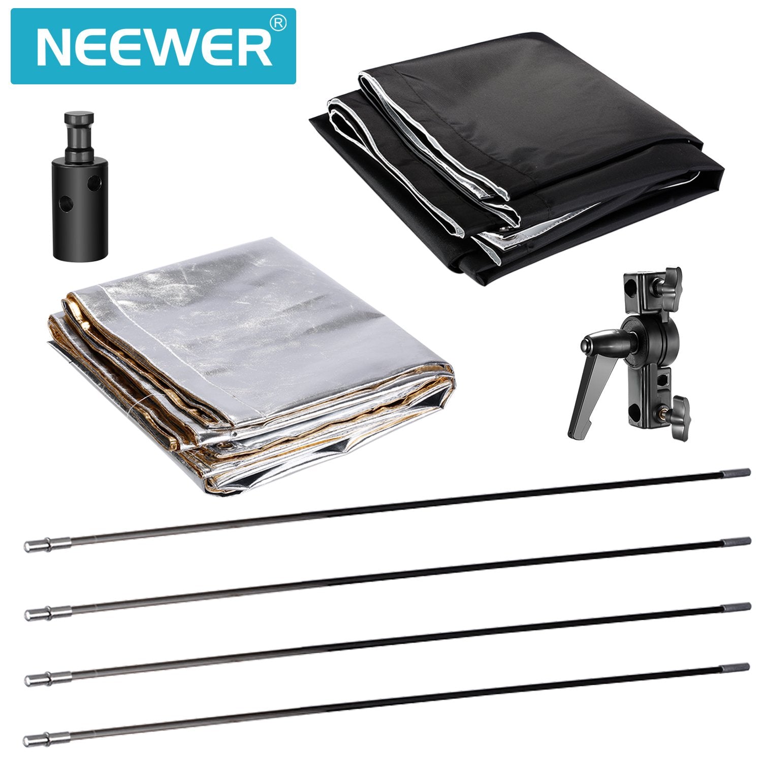 Neewer Reflector de 90x180 Centímetros Foto Estudio Dorado/Plata y Negro/Blanco Panel Plano Ligero con Soporte Bracket de 360 Degrados Giratorio y Funda