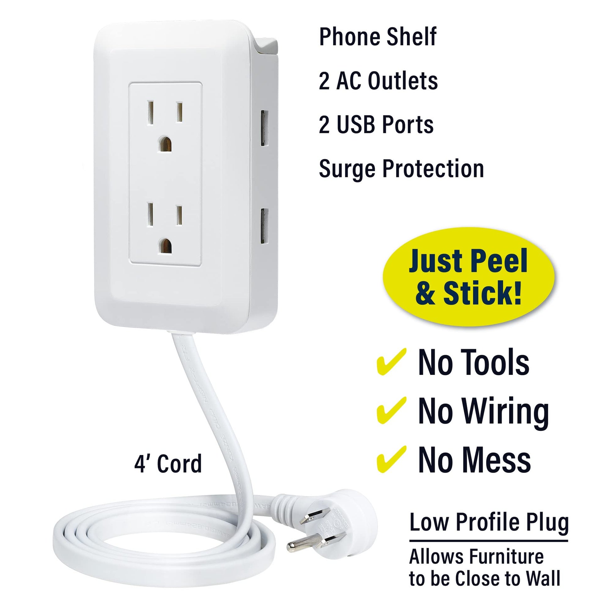 Ontel - Extensor de Enchufe Presto para reubicar Tomas de Corriente inalcanzables, Cable de 4 pies, se adhiere fácilmente en la Pared, Proporciona protección contra sobretensiones, 2 Salidas de CA, 2