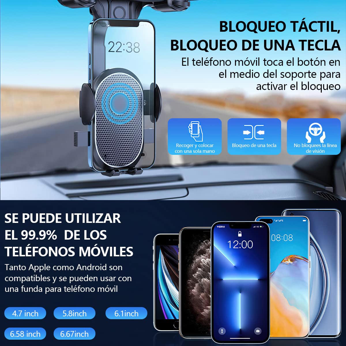 LONGLIV Soporte Celular Auto, Soporte de Teléfono Giratorio y Retráctil de 360°, Multipropó Sito, se Puede Utilizar en los Espejos Retrovisores del Coche, Compatible con iPhone, Xiaomi, Redmi, Huawei