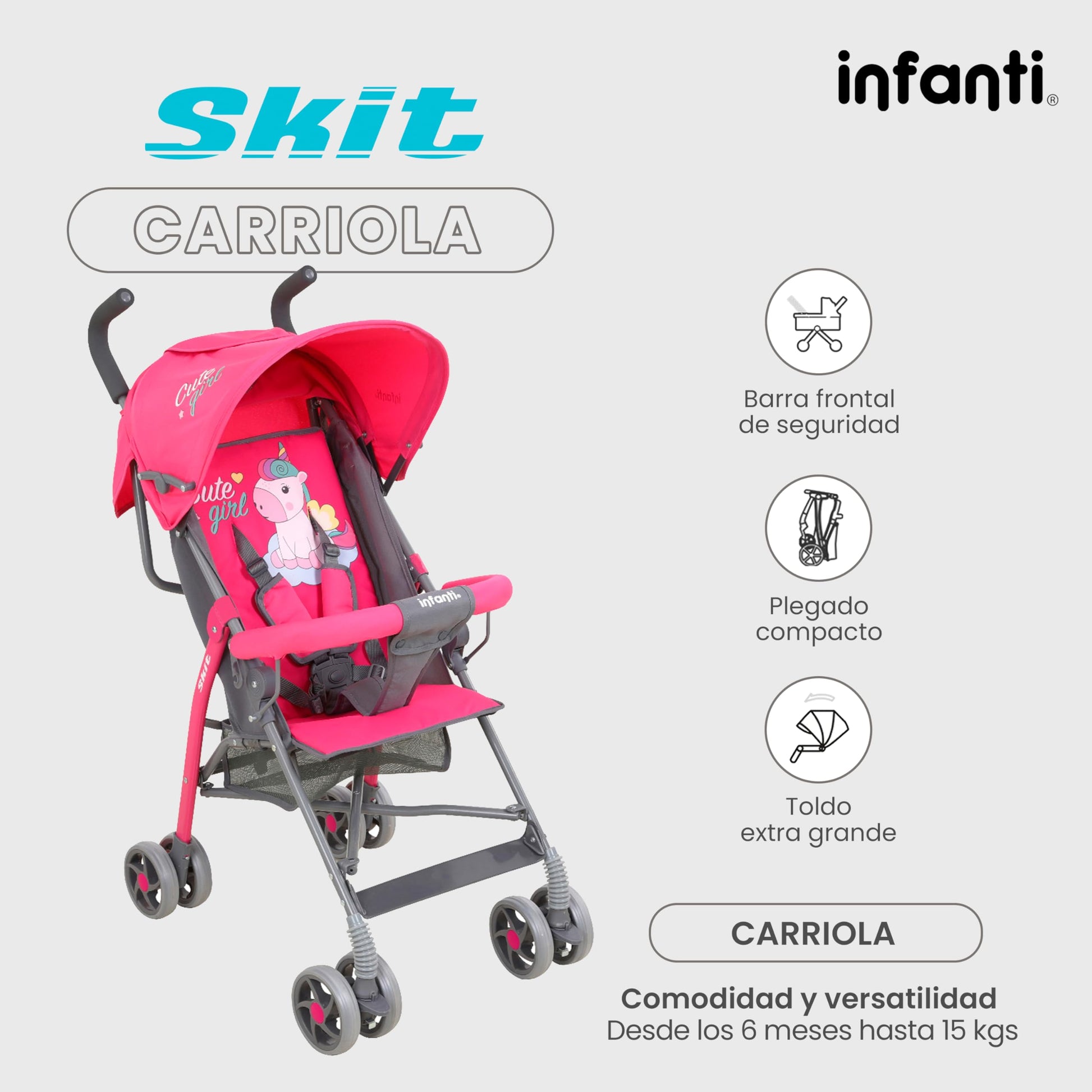 INFANTI | Carriola para Bebe de Baston SKIT | Carriola de Viaje - Carrito para Bebe | Cosas para Bebes 6 Meses hasta 15 kg - Compacta y Plegable | Carriola de Baston Ligera con Arnés de Seguridad