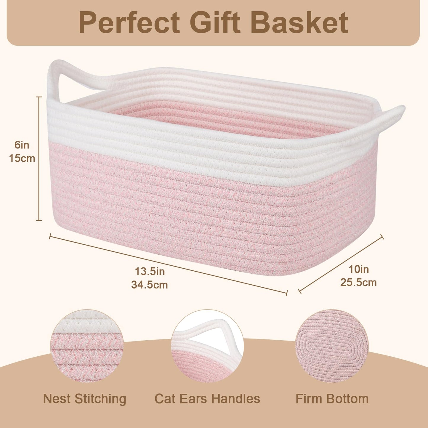 OIAHOMY Cesta tejida pequeña con bolsas de regalo y cintas, cesta de regalo vacía para bebé, cesta de almacenamiento con asas para orejas de gato para estante, sala de estar, baño, cesta de juguetes