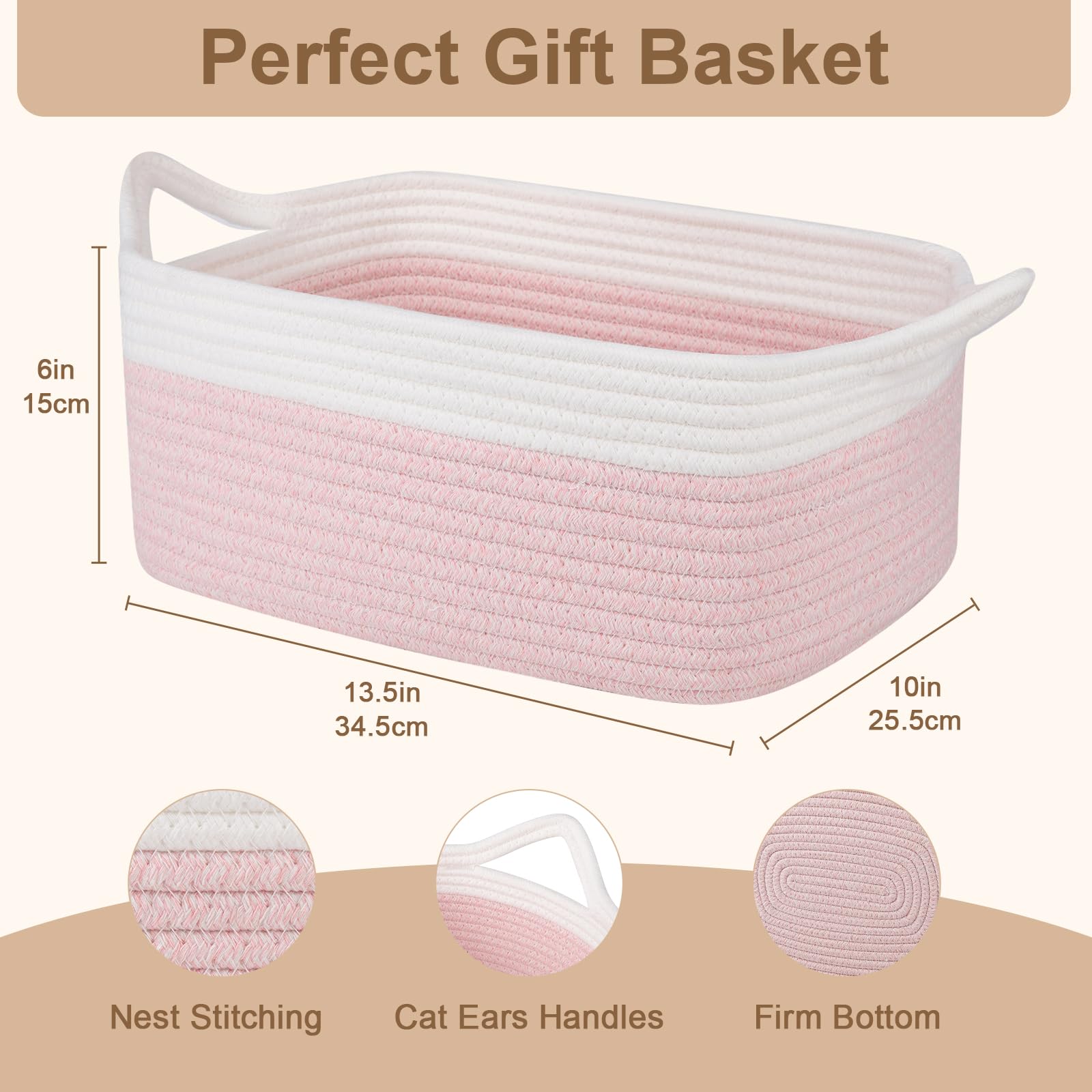OIAHOMY Cesta tejida pequeña con bolsas de regalo y cintas, cesta de regalo vacía para bebé, cesta de almacenamiento con asas para orejas de gato para estante, sala de estar, baño, cesta de juguetes