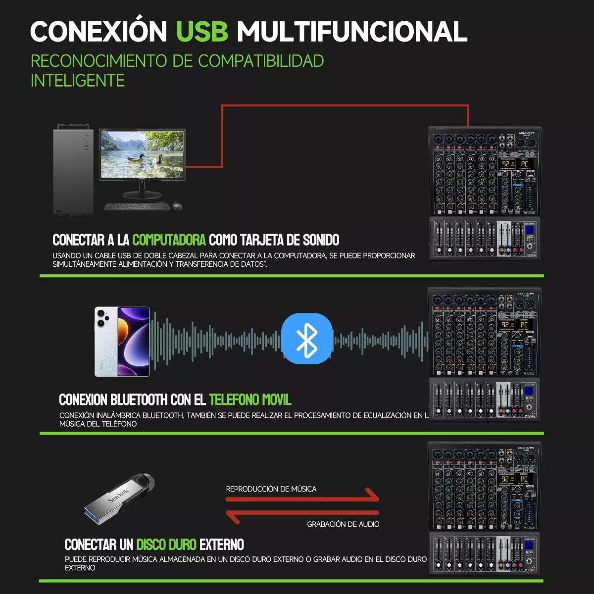 GOCHANMI NX600 Mezcladora de Audio 6 Canales 99 DSP Efectos Preamplificador Mixer USB Interfaz Bluetooth con independiente 48V Alimentación Fantasma y un ecualizador de 7 segmentos