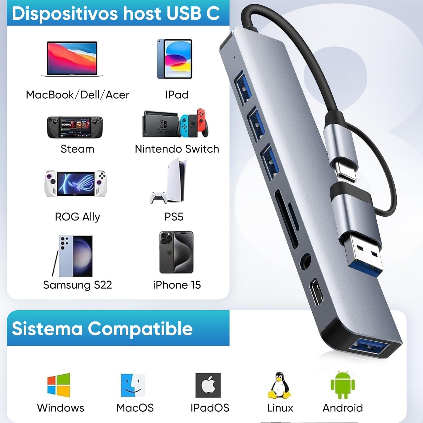 Hub USB C de 8 Puertos,Adaptador USB C Multipuerto,1 USB 3.0, 3 USB 2.0, Jack 3,5mm, USB C Datos Puerto, Lector Tarjeta SD/TF, para MacBook, Mac Pro, iMac, Surface Pro, XPS, PC,Flash Drive, Mobile HDD