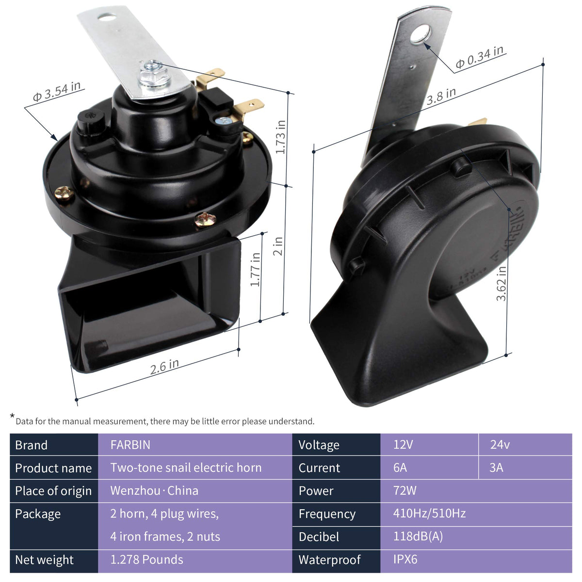 Bocina Eléctrica FARBIN Resistente al Agua para Coche Doble Tono 12 V