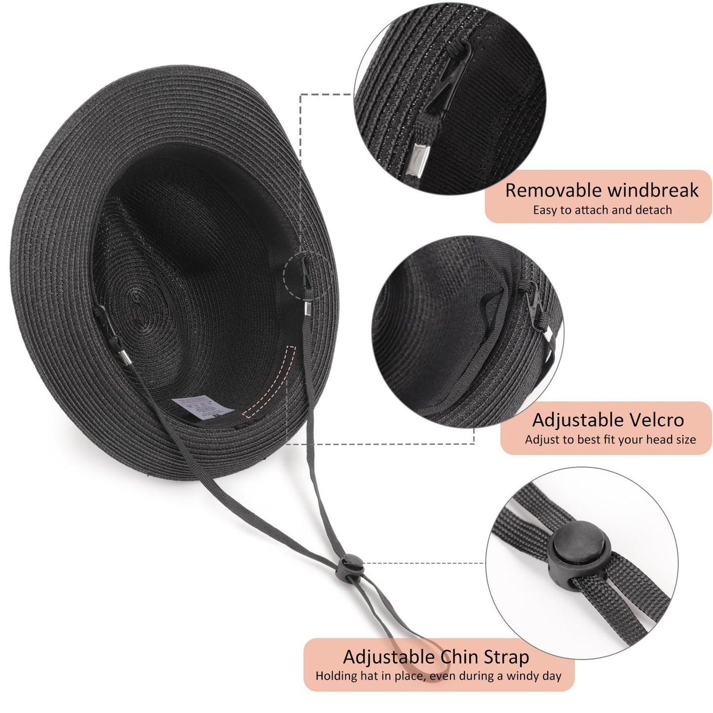 DRESHOW Sombrero de paja para mujer, de ala corta, estilo Panamá, para viajar, fedora, verano, enrollable, para la playa, con protección UPF 50+.