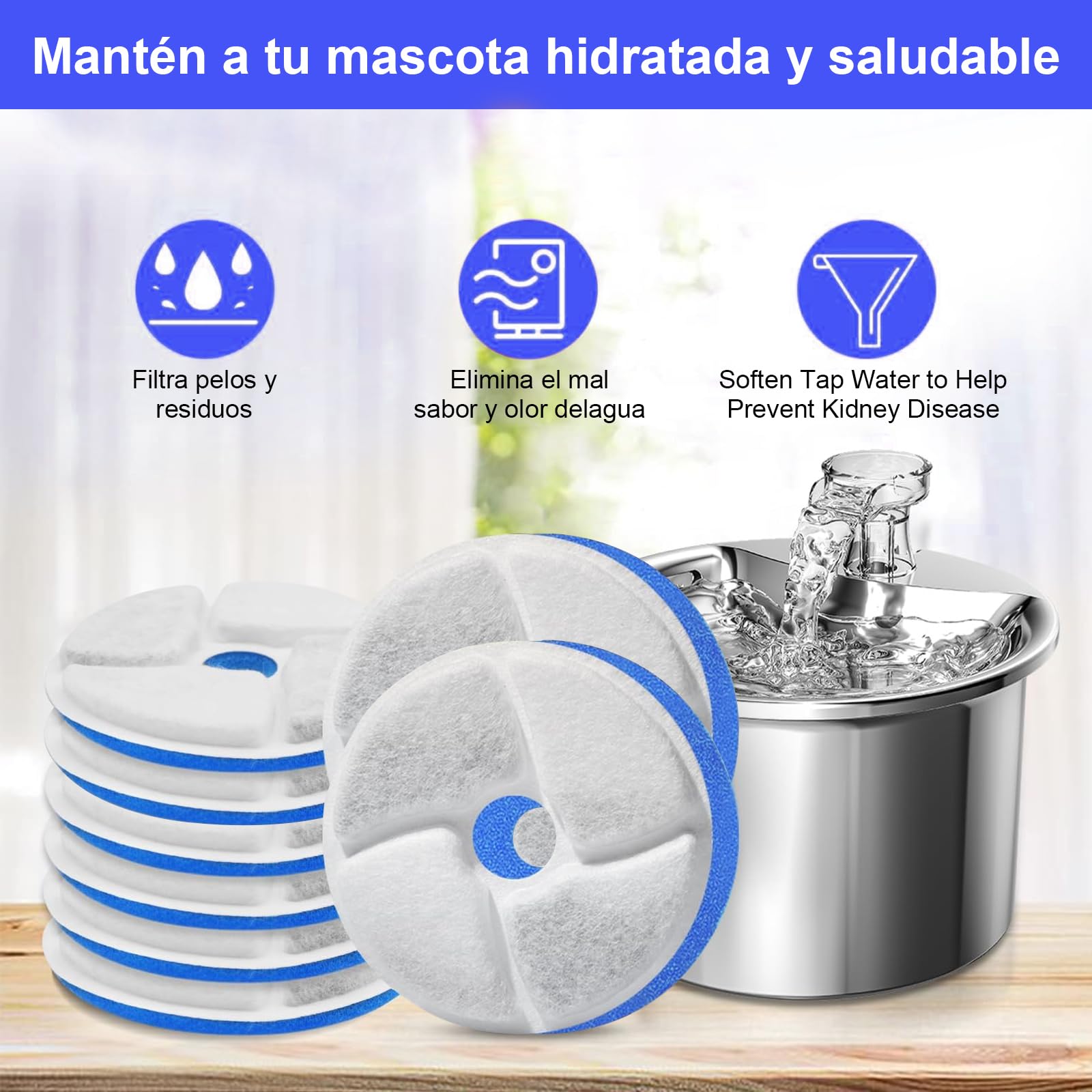Filtros para Fuente de Gatos Rispetit Blanca con Resina y Carbón Activo, Triple Filtración 8 Piezas para Mascotas