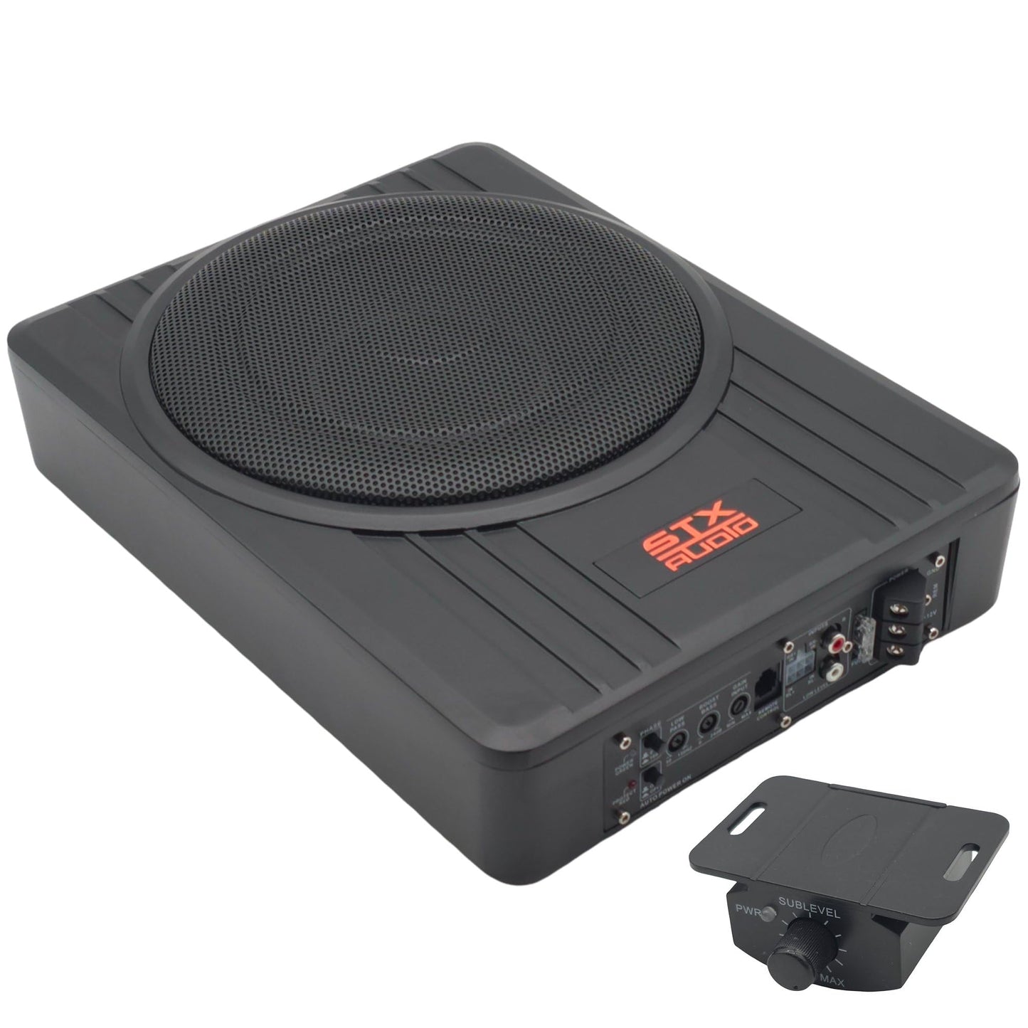 STX Audio STX1500US - Subwoofer amplificado de 1500W de 10 pulgadas con amplificador incorporado, filtro de paso bajo ajustable, control de impulso de graves - Solución compacta de audio para coche