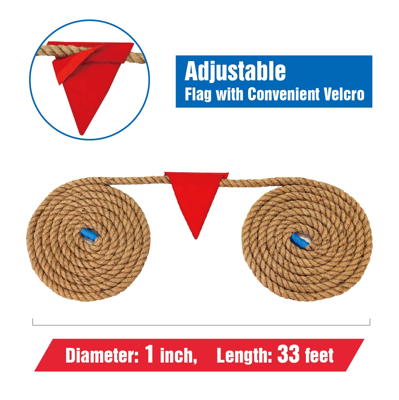 GOTHINK - Juego de juguetes de cuerda de guerra de 33 pies para niños, cuerda de fibra de yute natural suave con bandera roja para día de campo, juego de fiesta de cumpleaños/día festivo, juegos de
