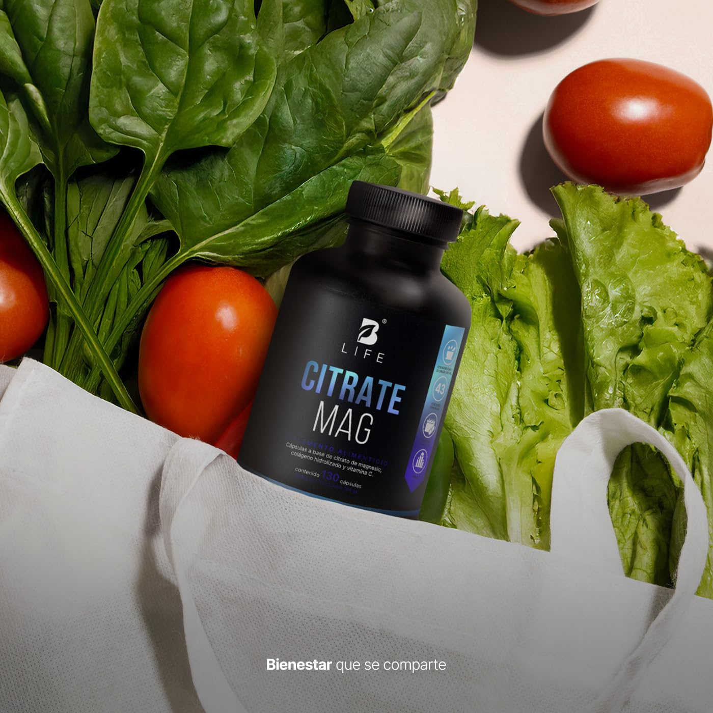 B Life Citrato de Magnesio Puro | 130 cápsulas | 2400 mg por porción | Alta absorción | Adicionado con Vitamina C y Colágeno Hidrolizado | Citrate Mag.