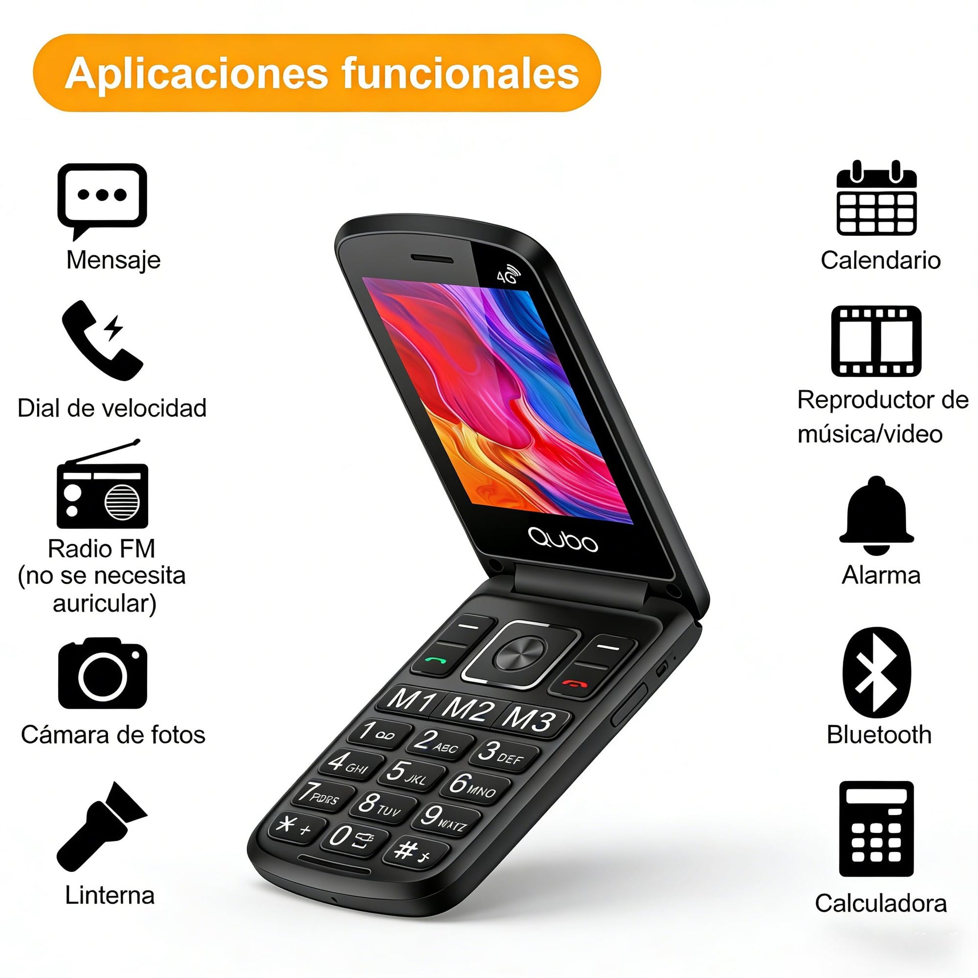 Qubo p210 Teléfono para Adultos Mayores 4G Desbloqueado | Pantalla 2.8” Grande | Teclas Grandes con Luz | Botón SOS | M1 M2 M3 | Plegable | Compatible con Chip 2G 3G 4G 5G