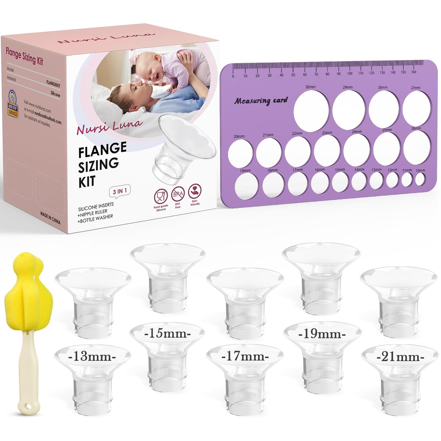 Nursi Luna - Kit de tamaño de brida 3 en 1 con 10 insertos de brida de 13/15/17/19/21 mm, kit de inserción de bridas de silicona para brida o escudo de 24 mm, kit esencial de bombeo para madres