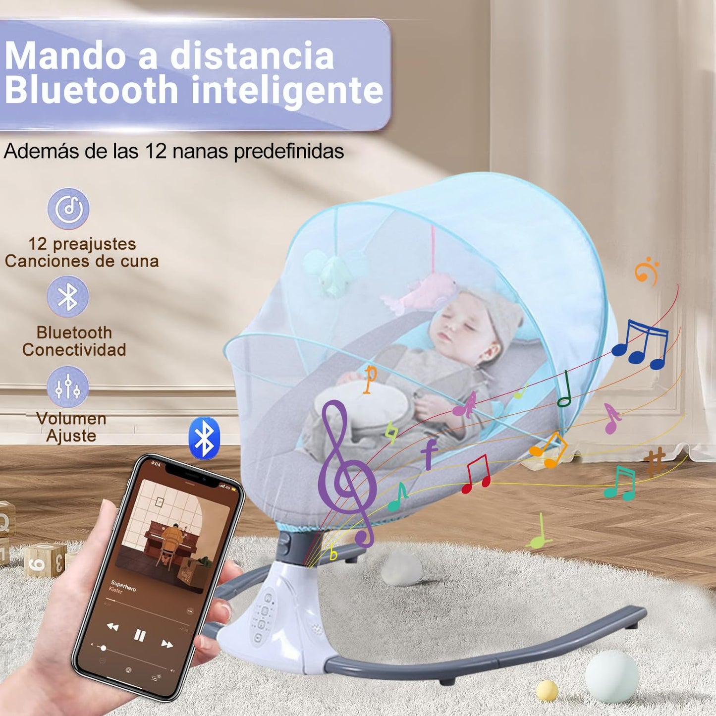 Mecedora Eléctrica AMIARYA Azul con Mando a Distancia y Bluetooth para Bebé