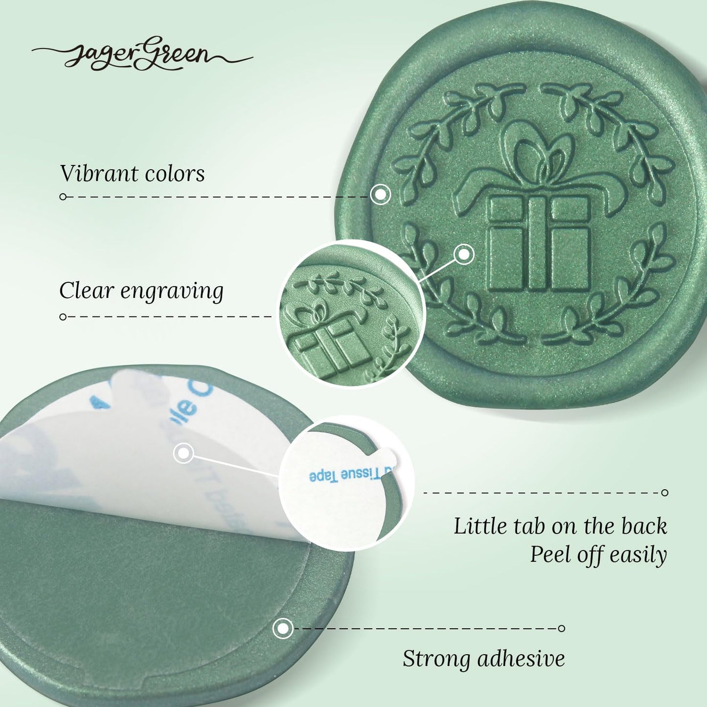 JAGERGREEN - Juego de pegatinas de cera con varios patrones de sellos, calcomanía verde para invitaciones de boda, personalizable, sellador de sobres, regalo de Navidad (regalo, 60 piezas)