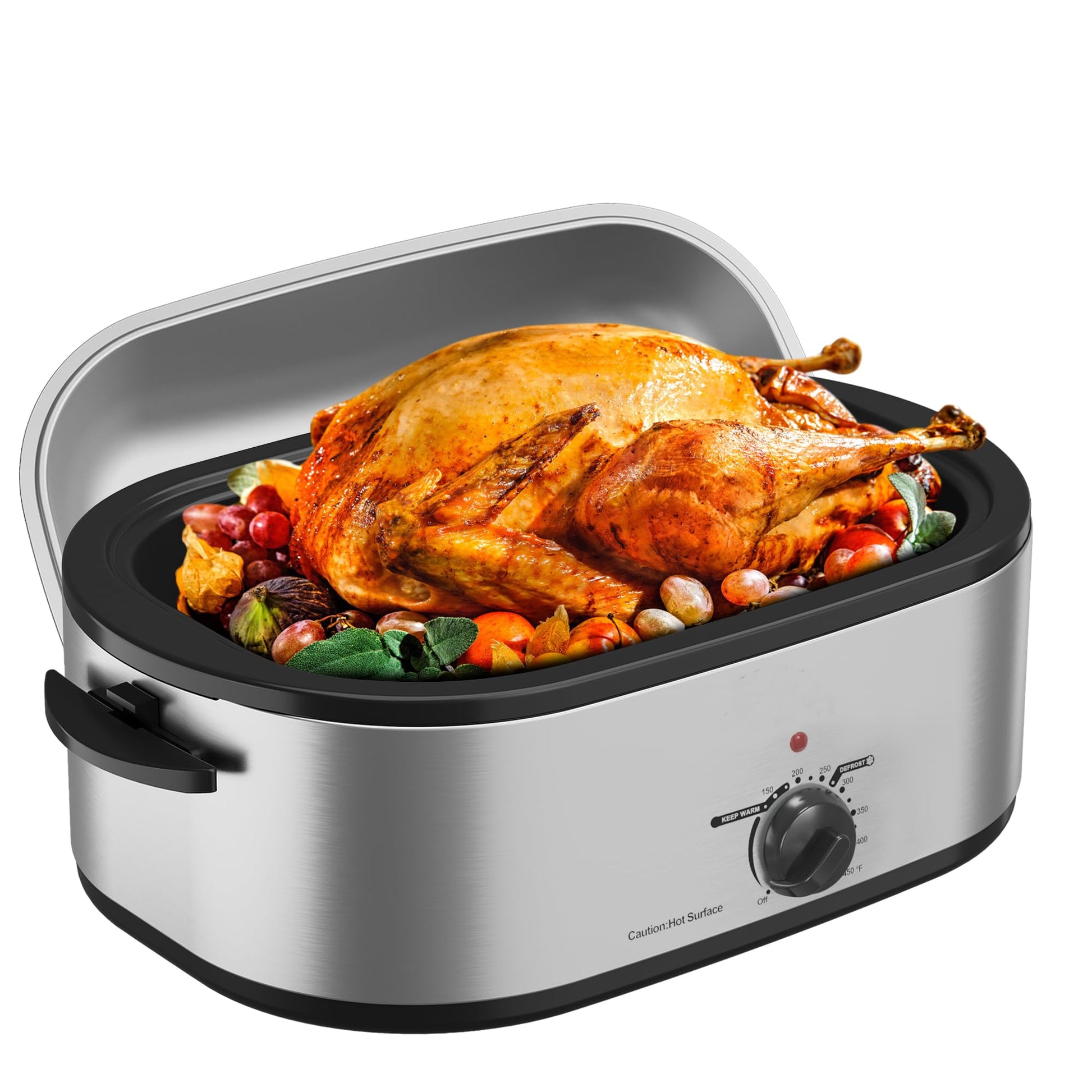 Horno tostador de 18 cuartos con tapa autohilado, horno tostador de pavo con función de descongelación y calor, temperatura ajustable, estante eléctrico extraíble para sartén, acero inoxidable, plata