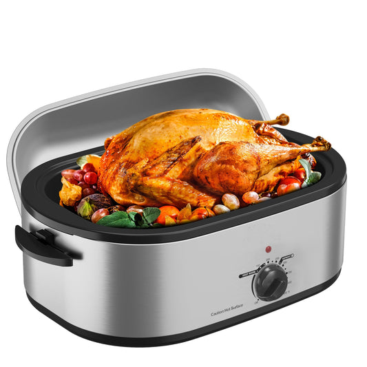 Horno tostador de 18 cuartos con tapa autohilado, horno tostador de pavo con función de descongelación y calor, temperatura ajustable, estante eléctrico extraíble para sartén, acero inoxidable, plata