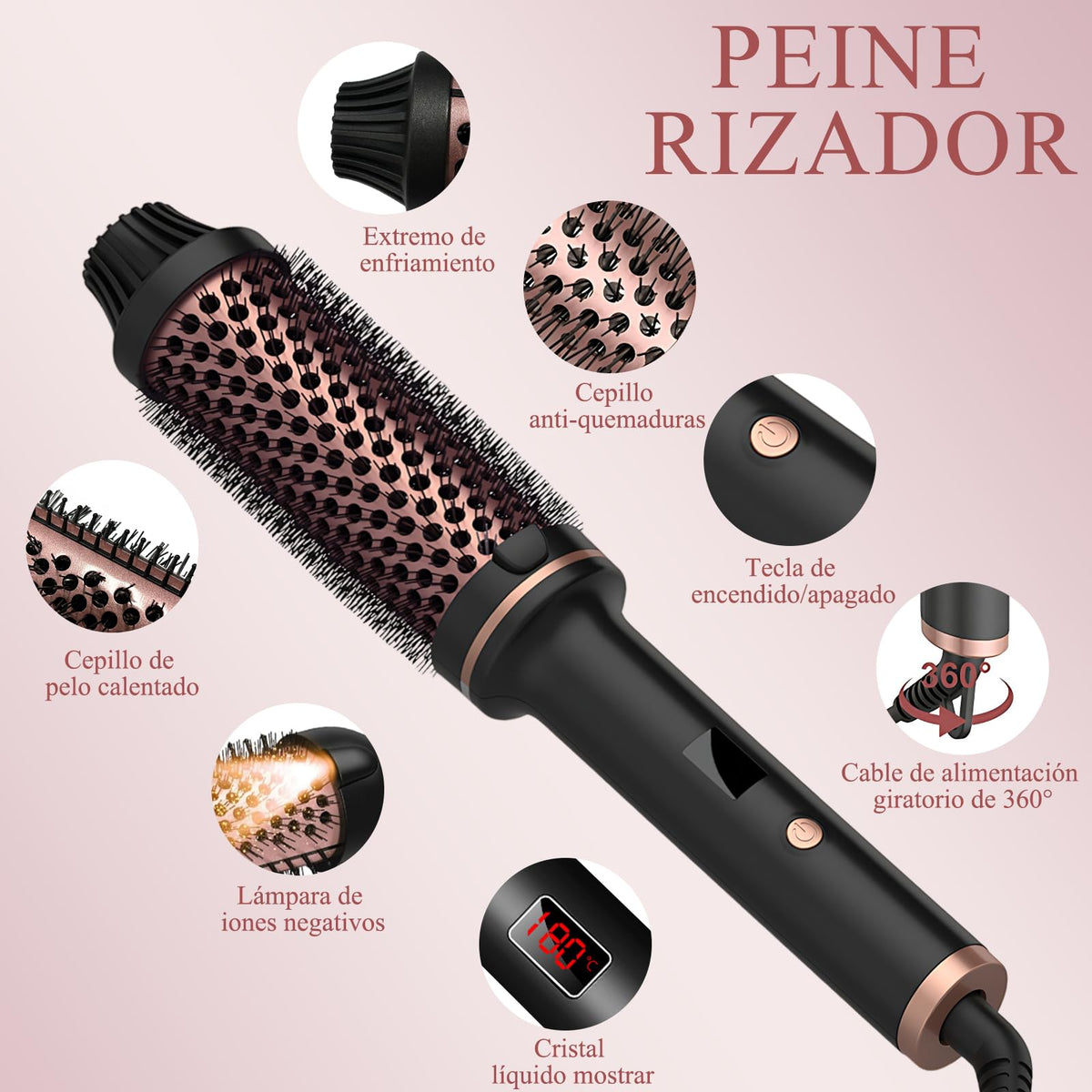 Cepillo de Aire Caliente Eléctrico Anti-Frizz de Iones Negativos para Cabello Rizado y Liso con Guantes Anti-Escaldaduras