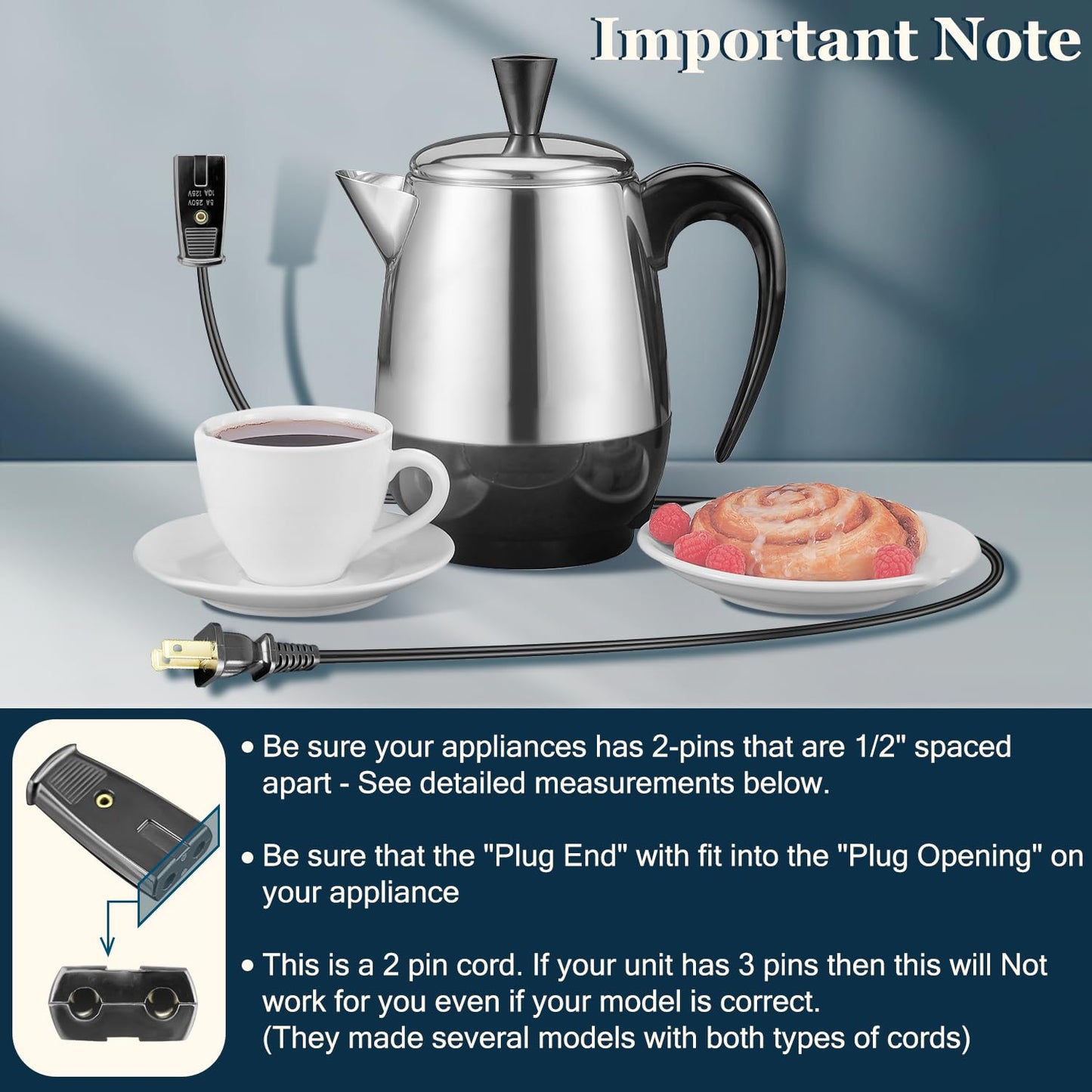 HASMX Cable de alimentación de 6 pies de largo 1/2 pulgada para cafetera Farberware y Presto Super Speed Percolator de 1/2 pulgadas, también para muchos electrodomésticos pequeños con espacio de 1/2