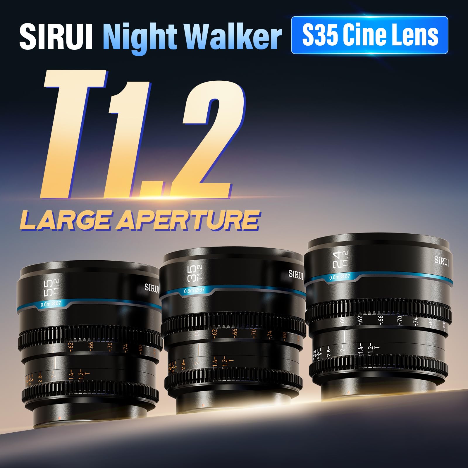 Sirui Night Walker T1.2 Juego de Lentes de Cine, 24 mm, 35 mm, 55 mm, Lente de Enfoque Manual de Apertura Grande (MS-3SEB, Montaje E, Negro)