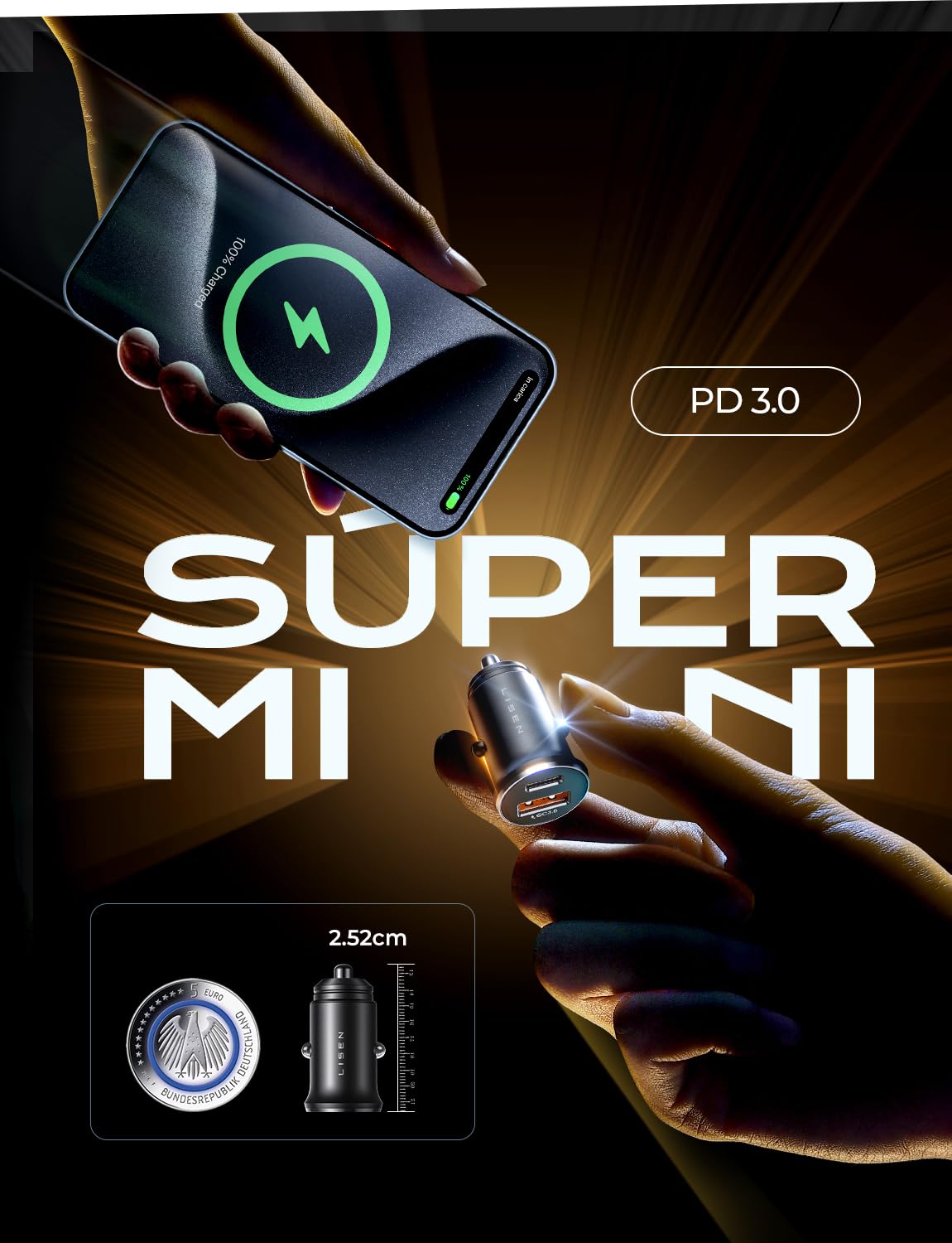 LISEN 48W Cargador para Auto Rapida PD 30W, Cargador Auto Tipo C QC 18W, Todo el Metal para Carro, Compatible con iPhone 16/15/14 Pro MAX, Galaxy S24 S23 Ultra,Xiaomi,Motorola,Huawei