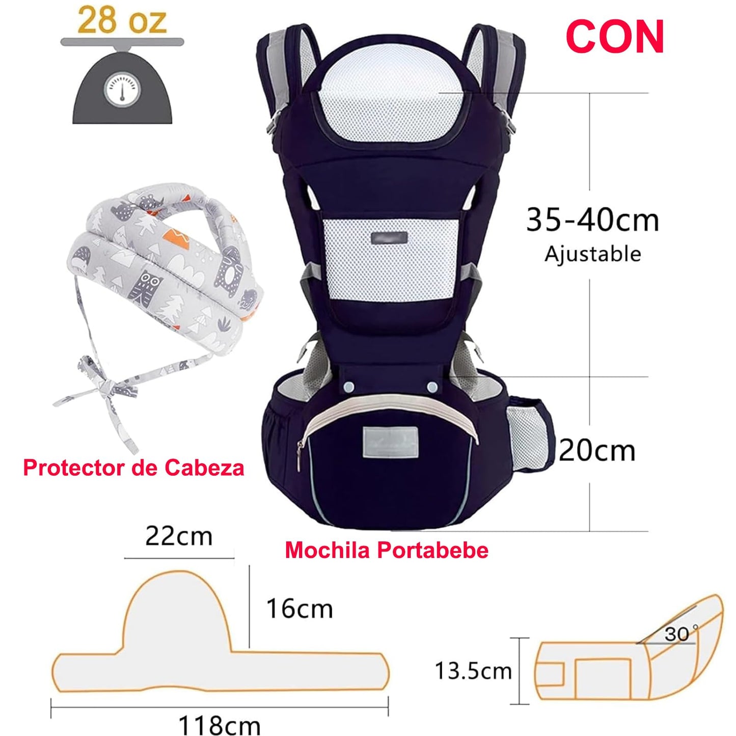 Mochila Portabebé Ergonomica Azul Ligera y Transpirable con Asiento de Cadera para Niños