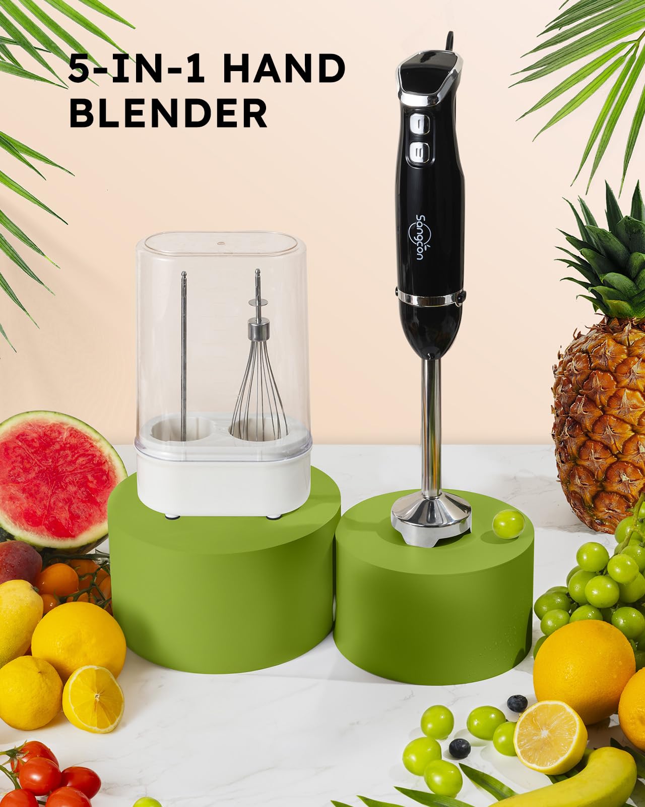 Licuadora de Inmersión Sangcon Plateada con Batidora de Mano 5 en 1 y Cuchillas de Acero Inoxidable